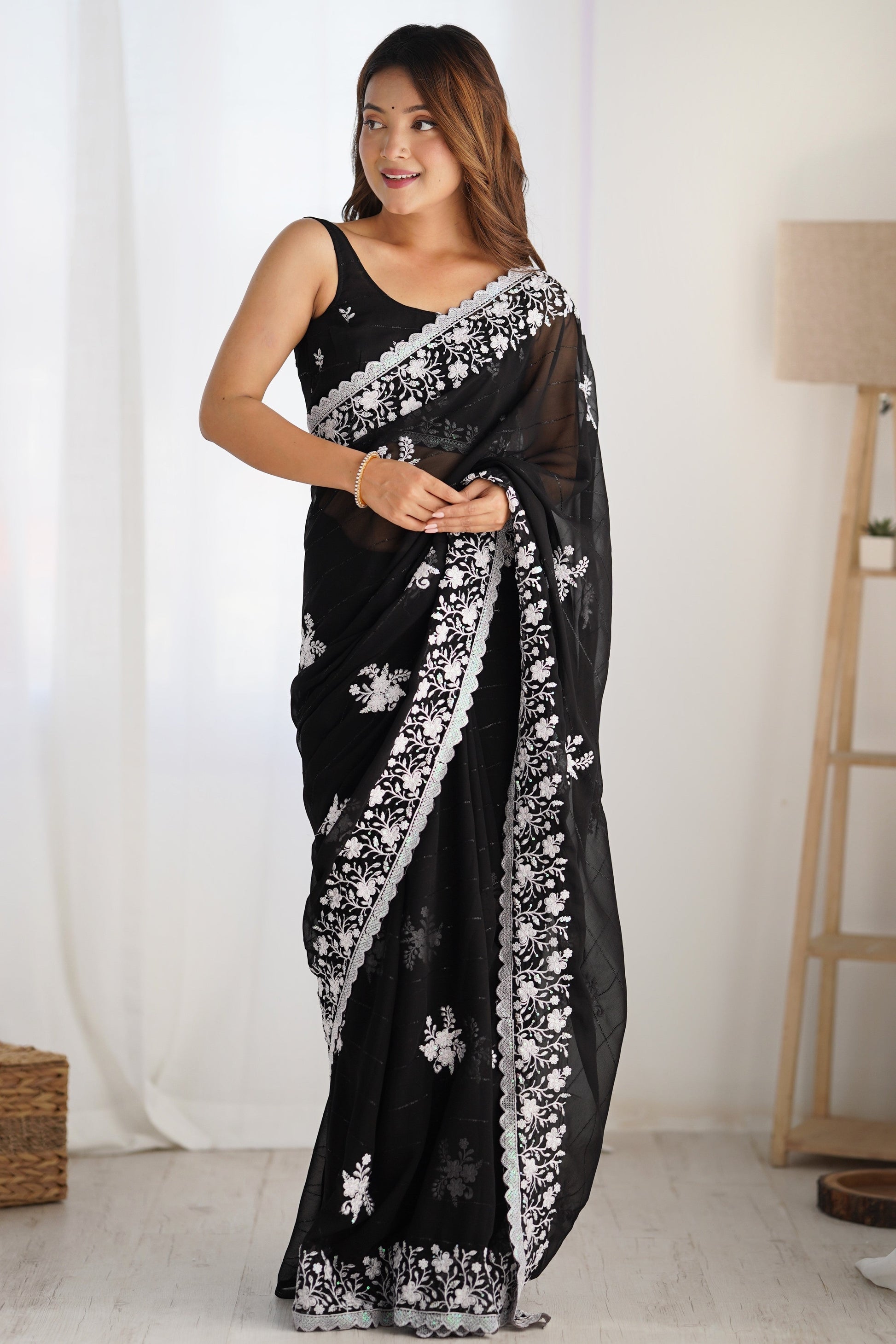 Black Embroidered Georgette Saree-ZB132915_1_SareeButa.Com