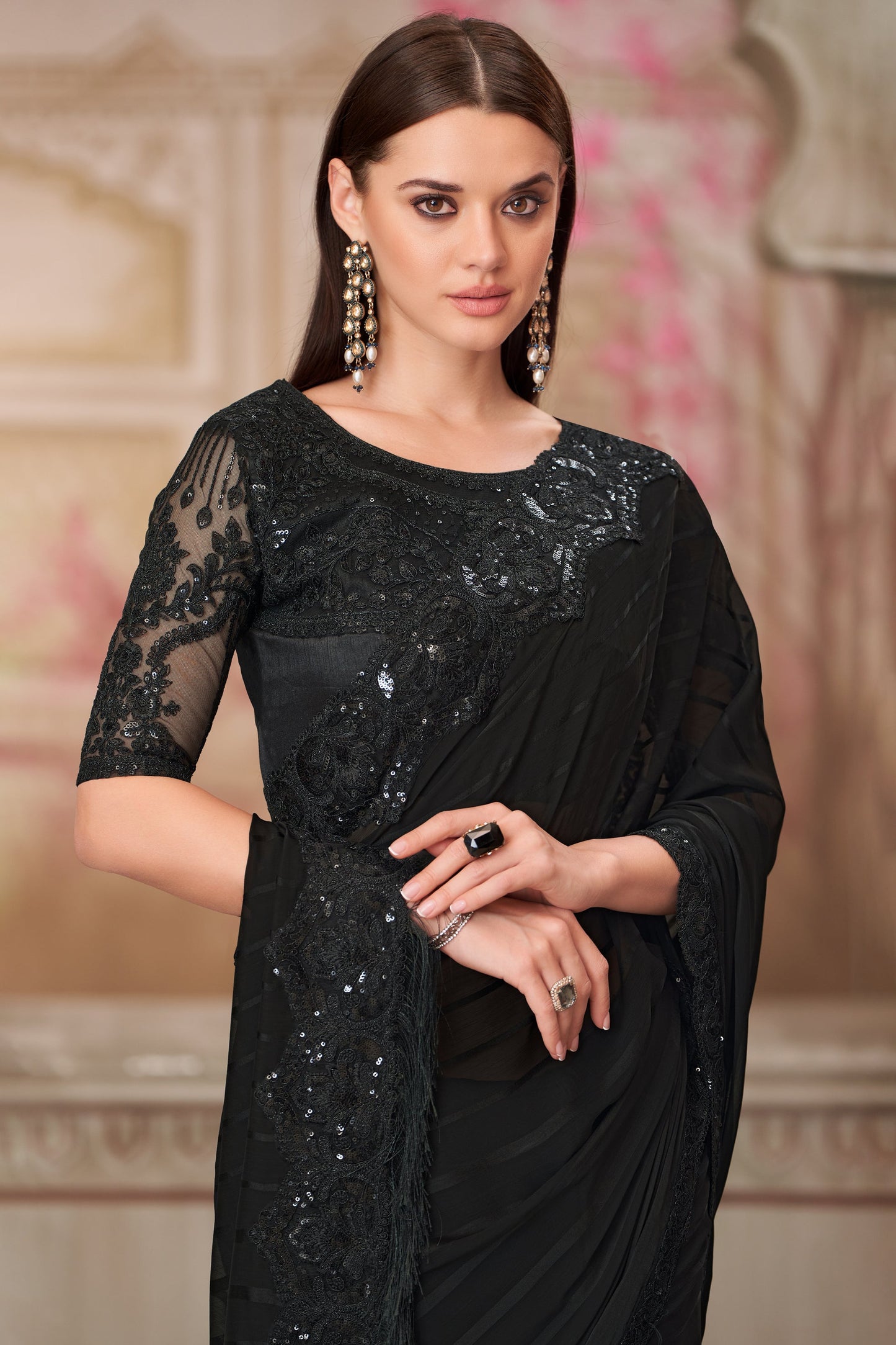 Black Embroidered Georgette Silk Saree-ZB134558_2_SareeButa.com