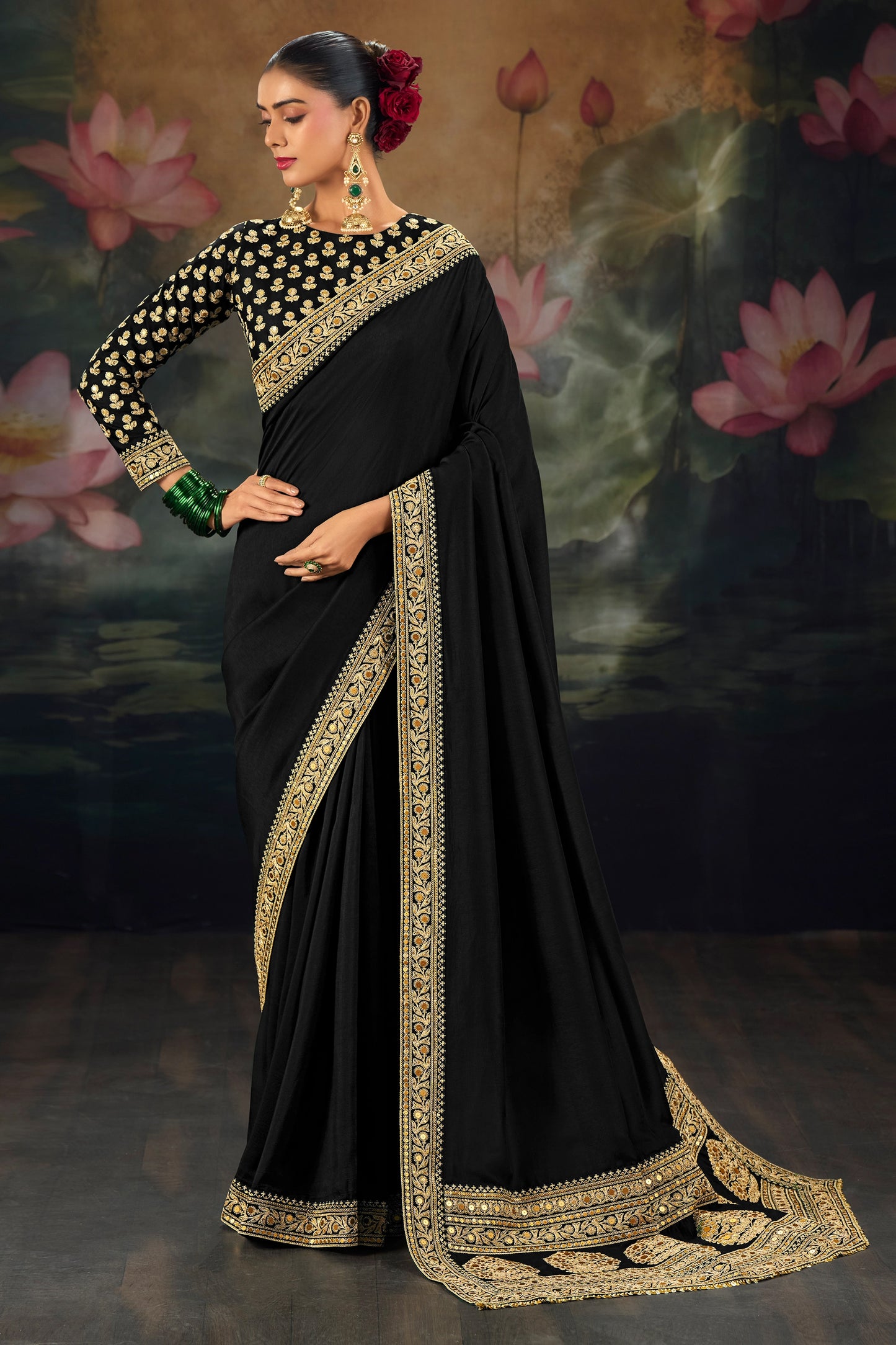 Black Embroidered Munga Silk Saree-SAR12280_1_SareeButa.com