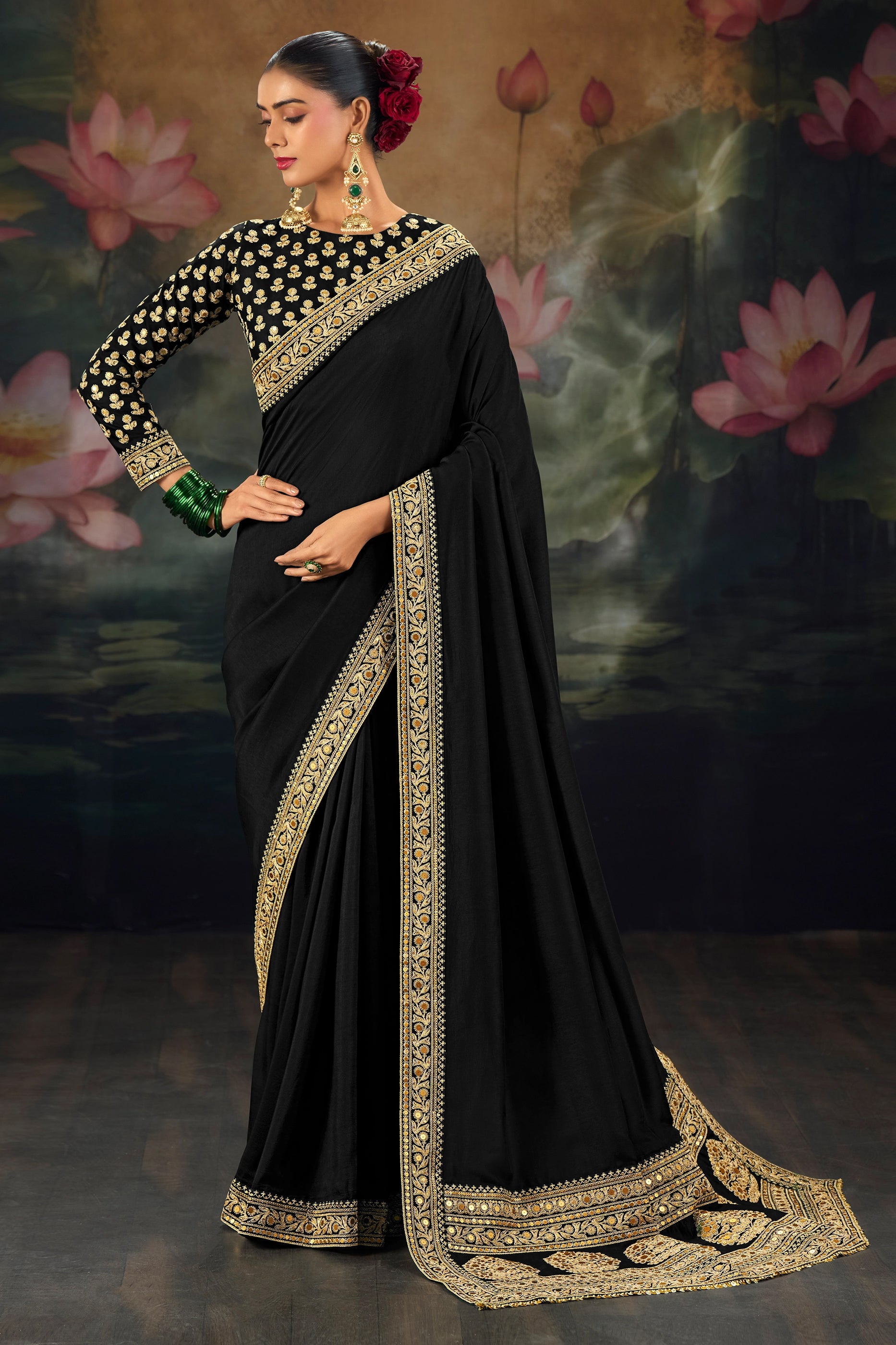 Black Embroidered Munga Silk Saree-SAR12280_1_SareeButa.com