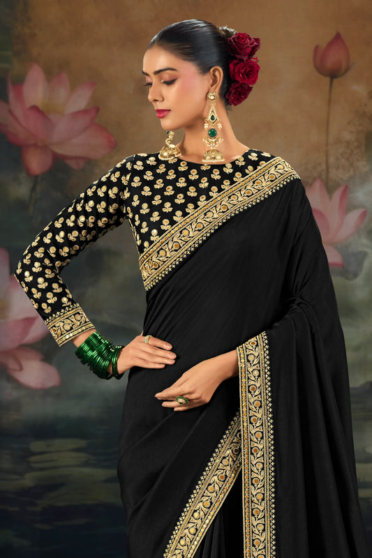 Black Embroidered Munga Silk Saree-SAR12280_2_SareeButa.com