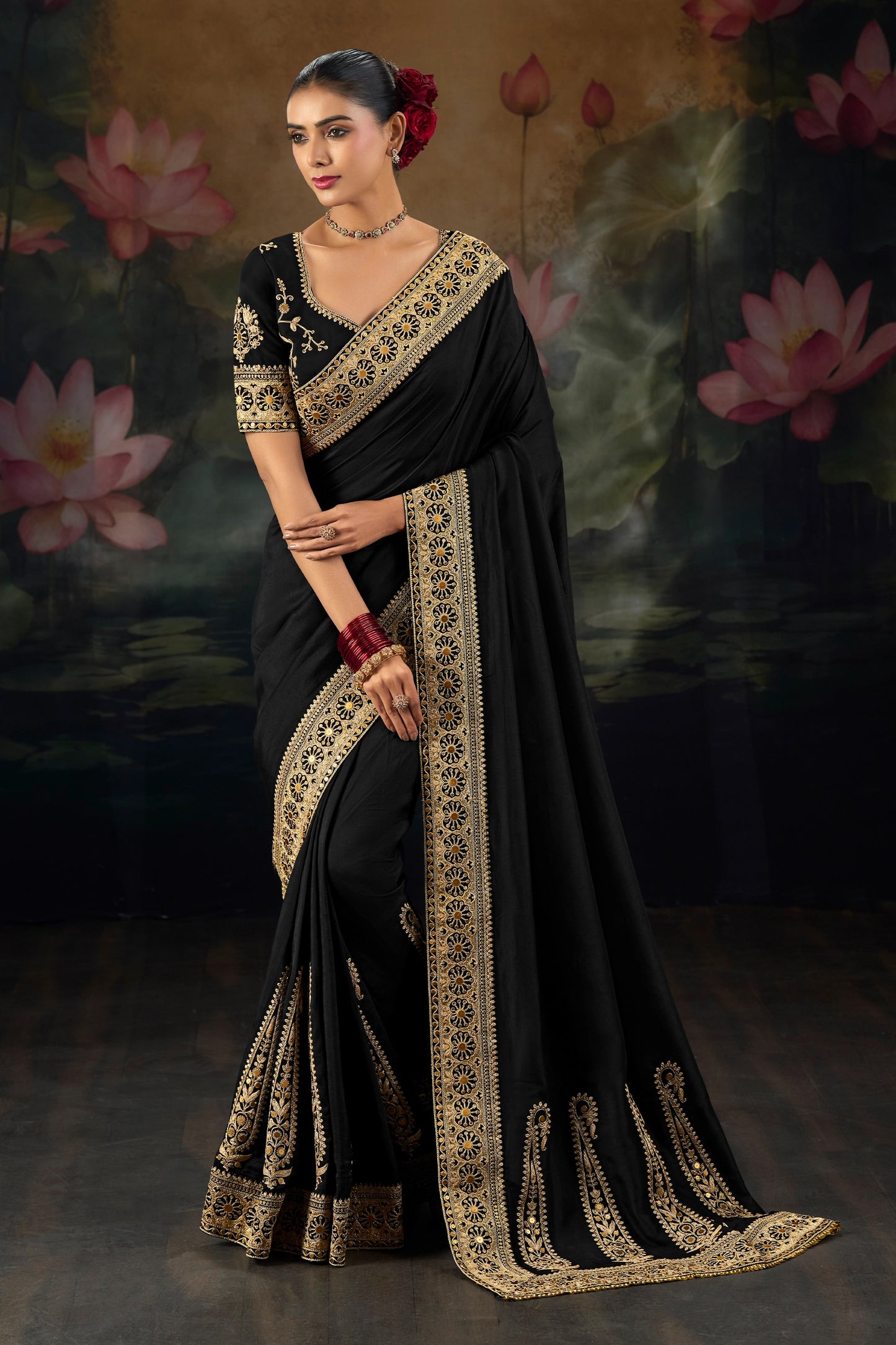 Black Embroidered Munga Silk Saree-SAR12282_1_SareeButa.com