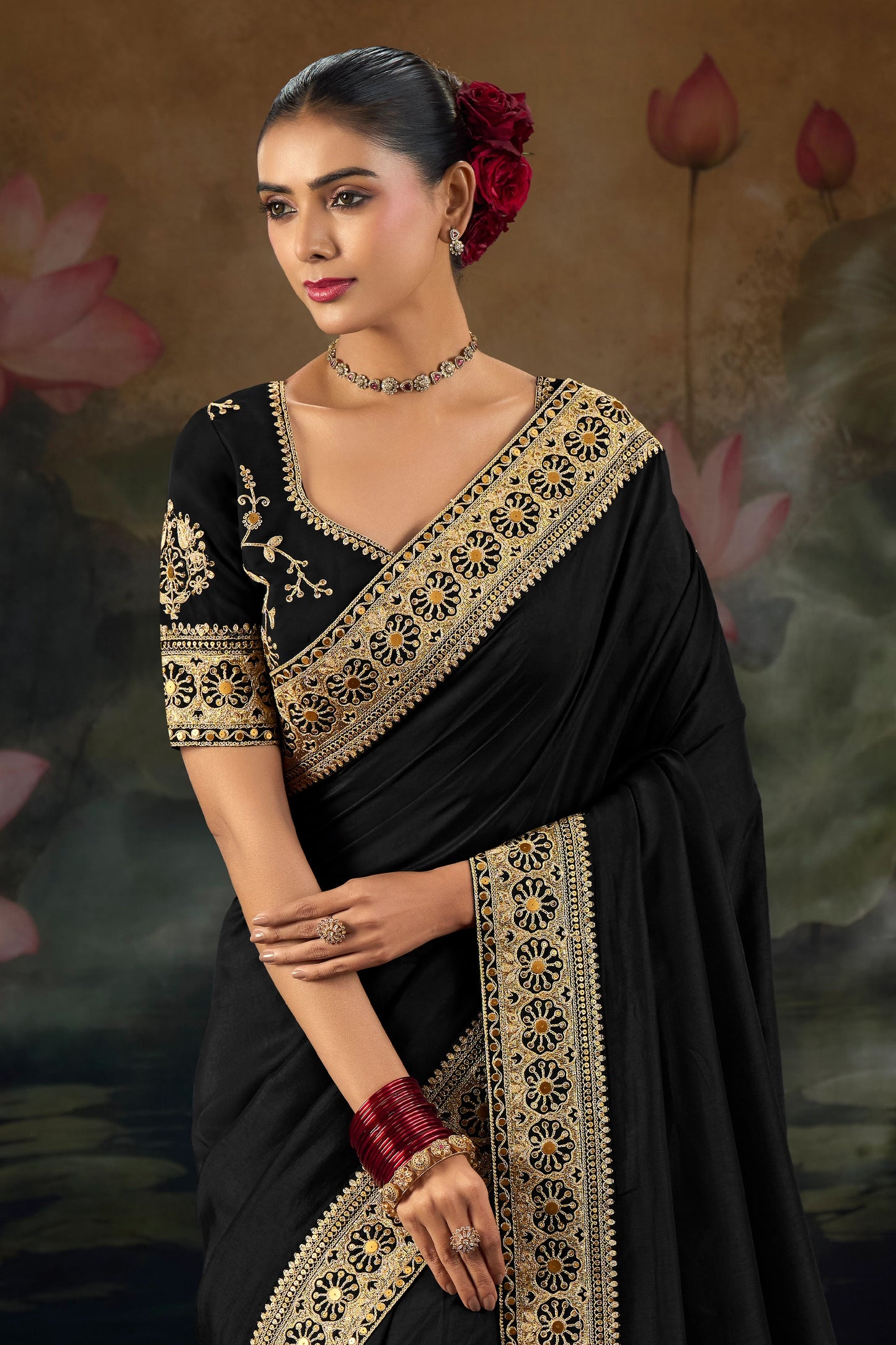 Black Embroidered Munga Silk Saree-SAR12282_2_SareeButa.com