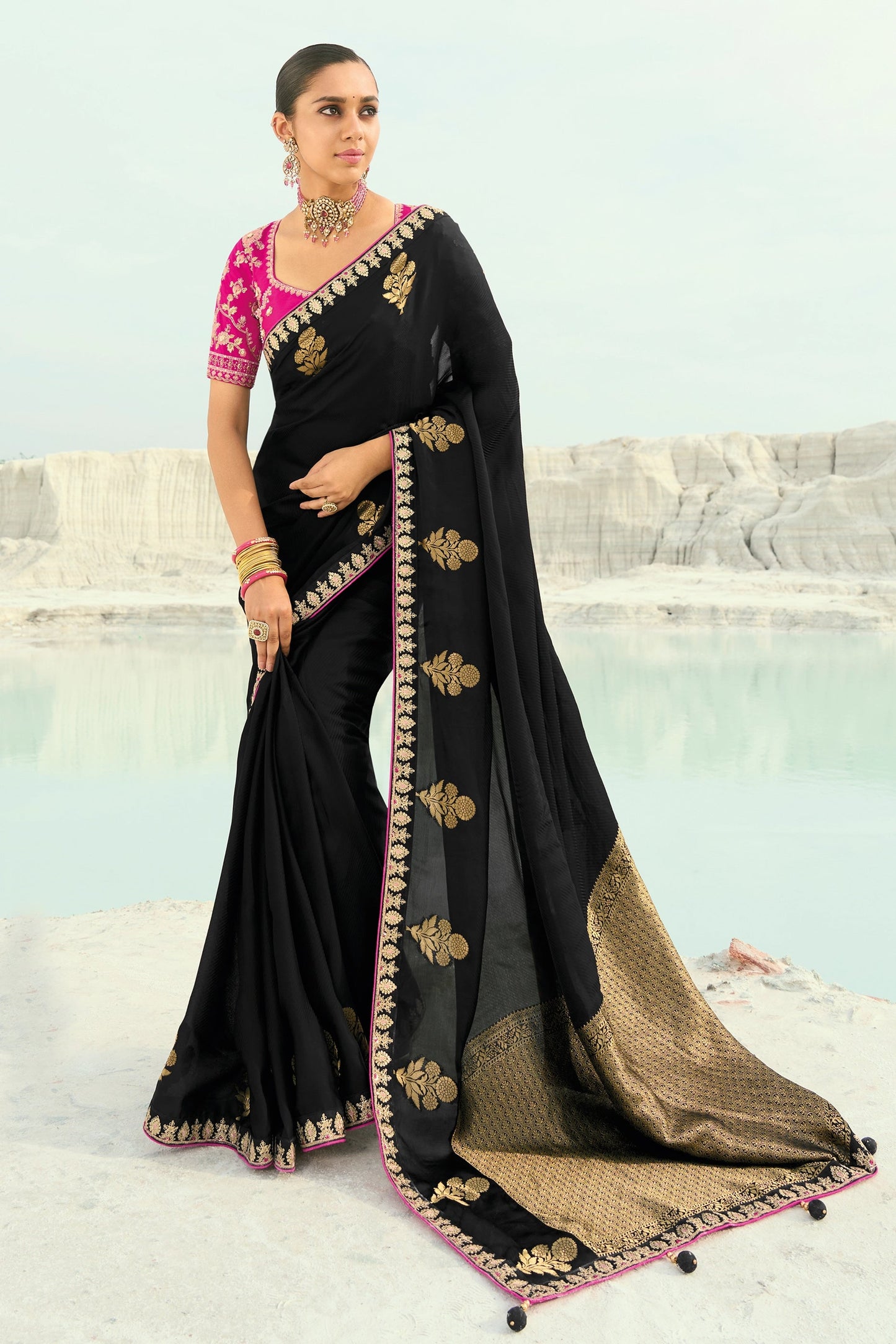 Black Embroidered Organza Viscose Satin Saree-SAR10823_1_SareeButa.com