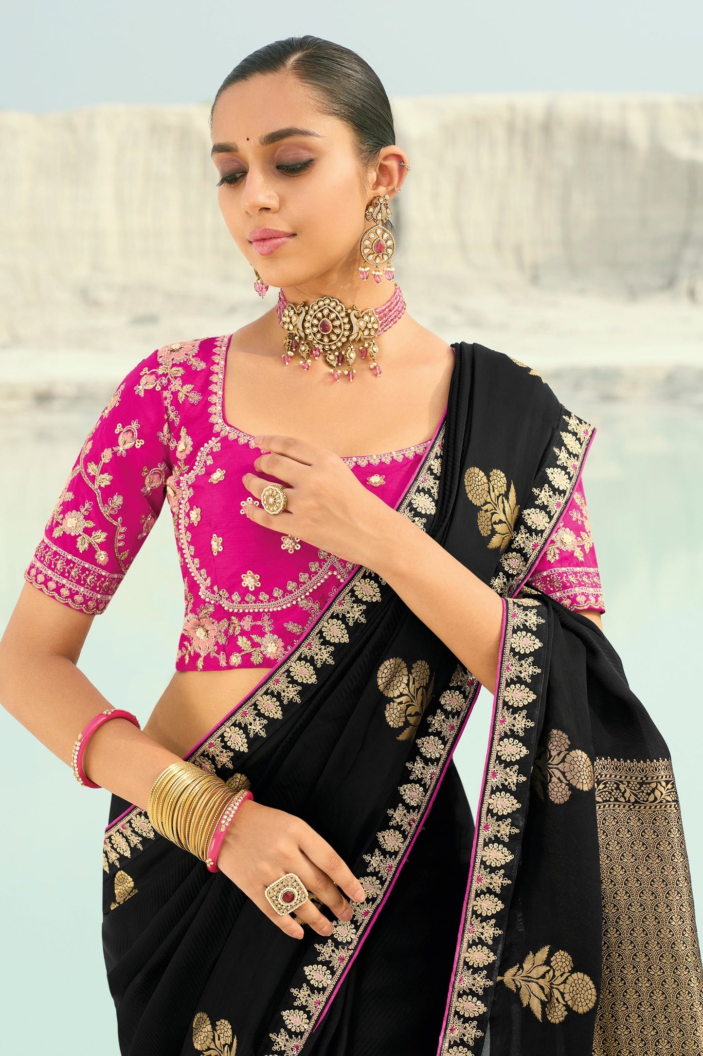 Black Embroidered Organza Viscose Satin Saree-SAR10823_2_SareeButa.com
