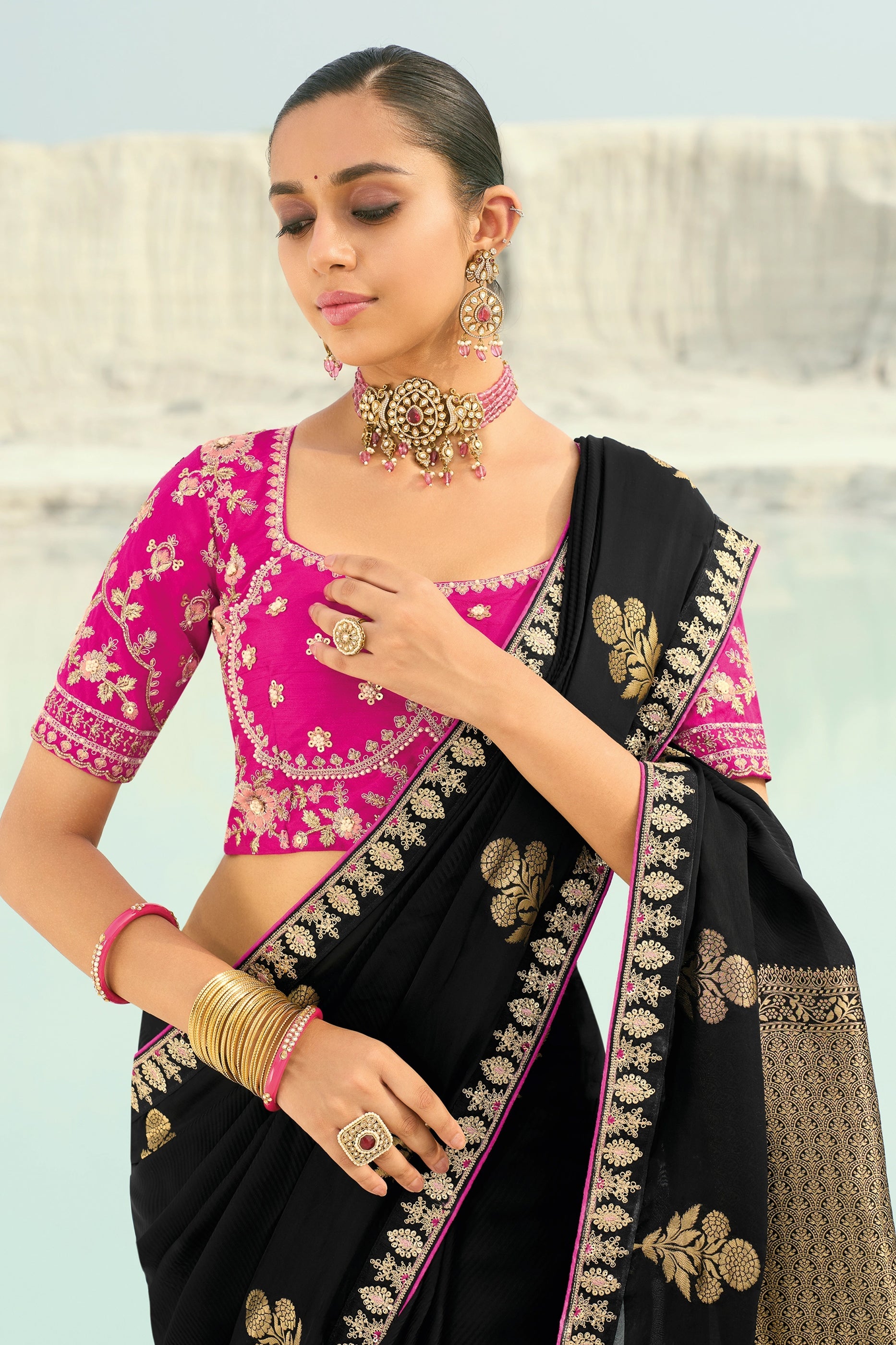 Black Embroidered Organza Viscose Satin Saree-SAR10823_2_SareeButa.com