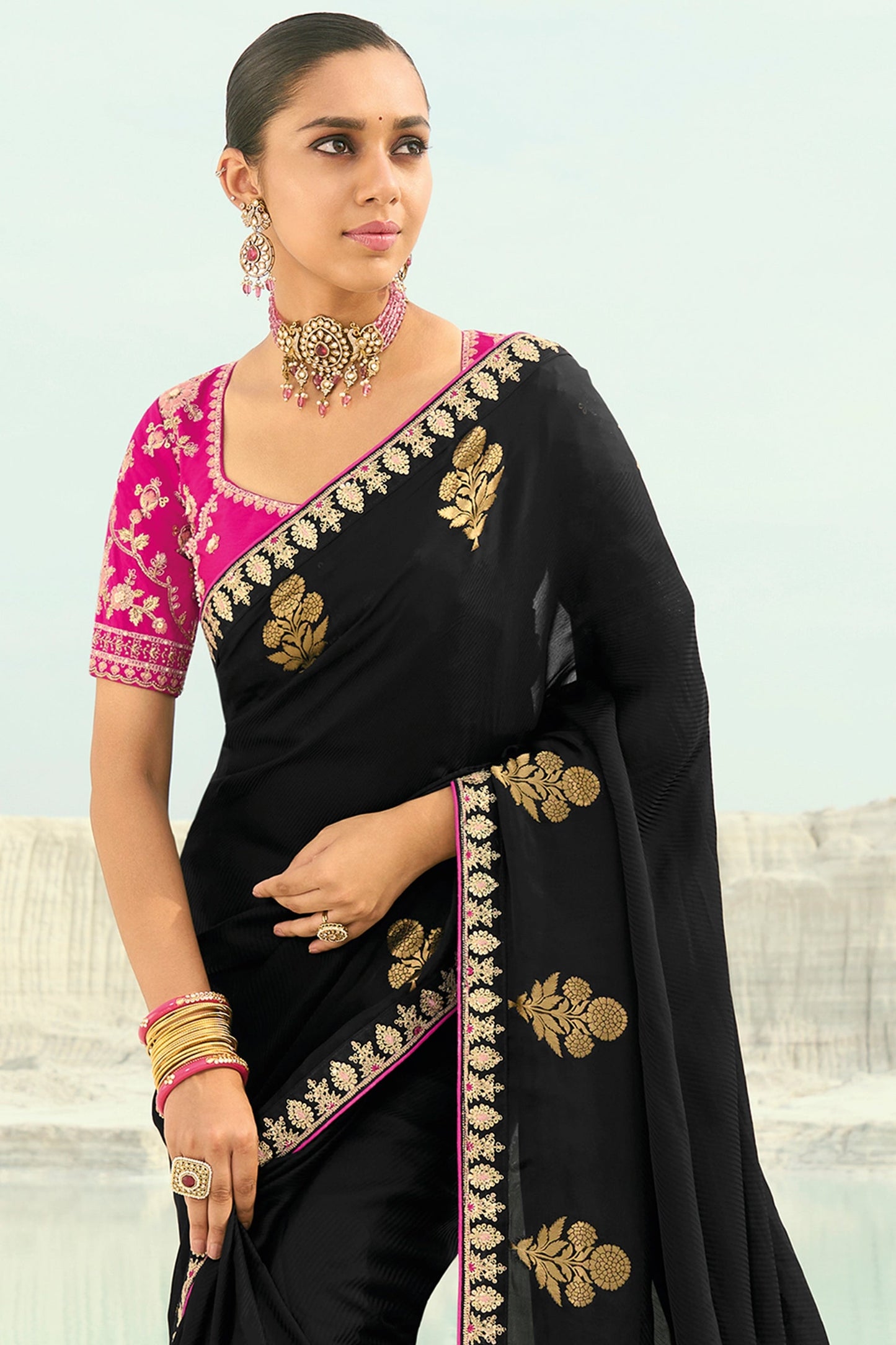 Black Embroidered Organza Viscose Satin Saree-SAR10823_3_SareeButa.com