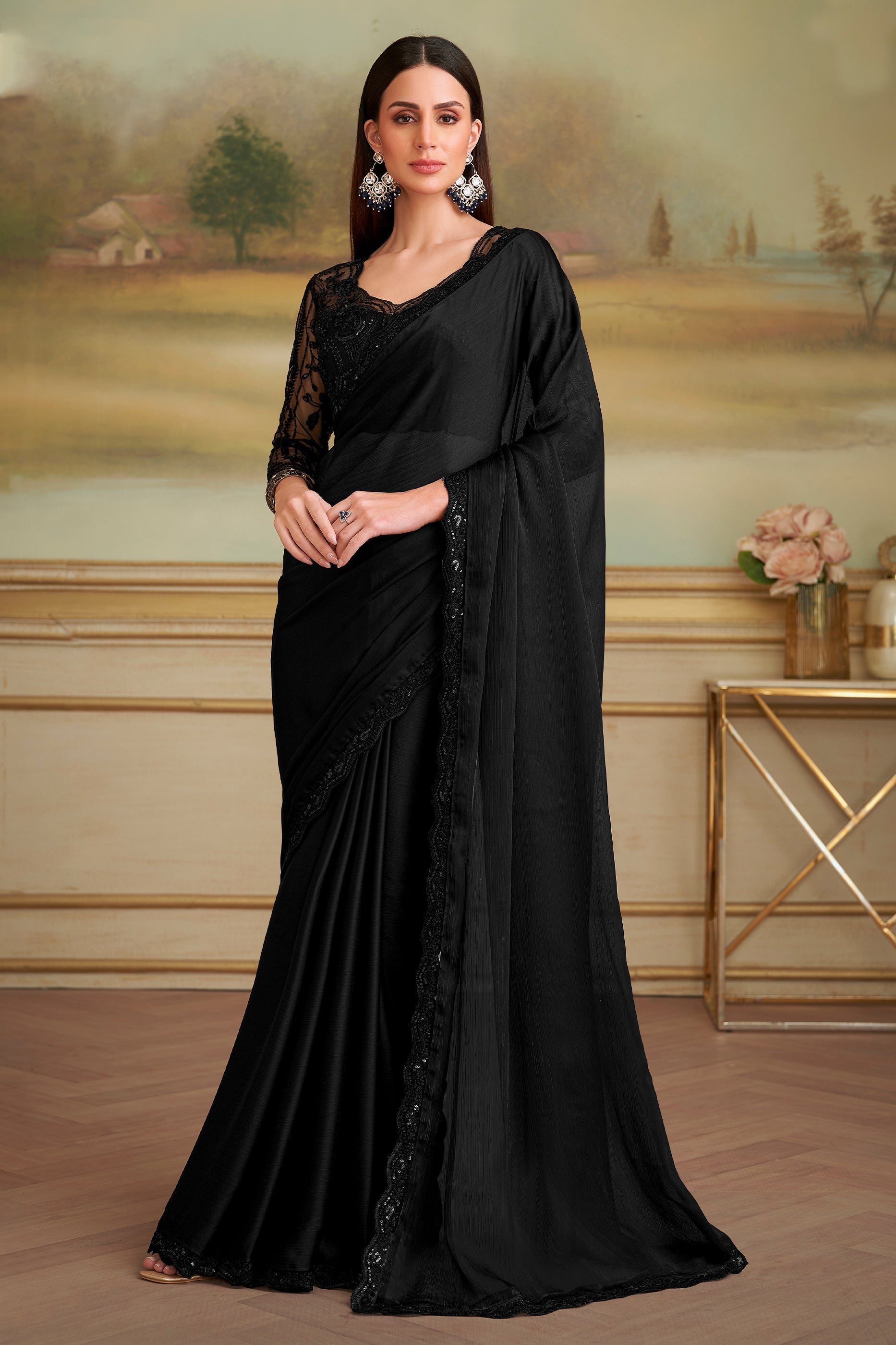 Black Embroidered Satin Chiffon Saree-SAR10841_1_SareeButa.com
