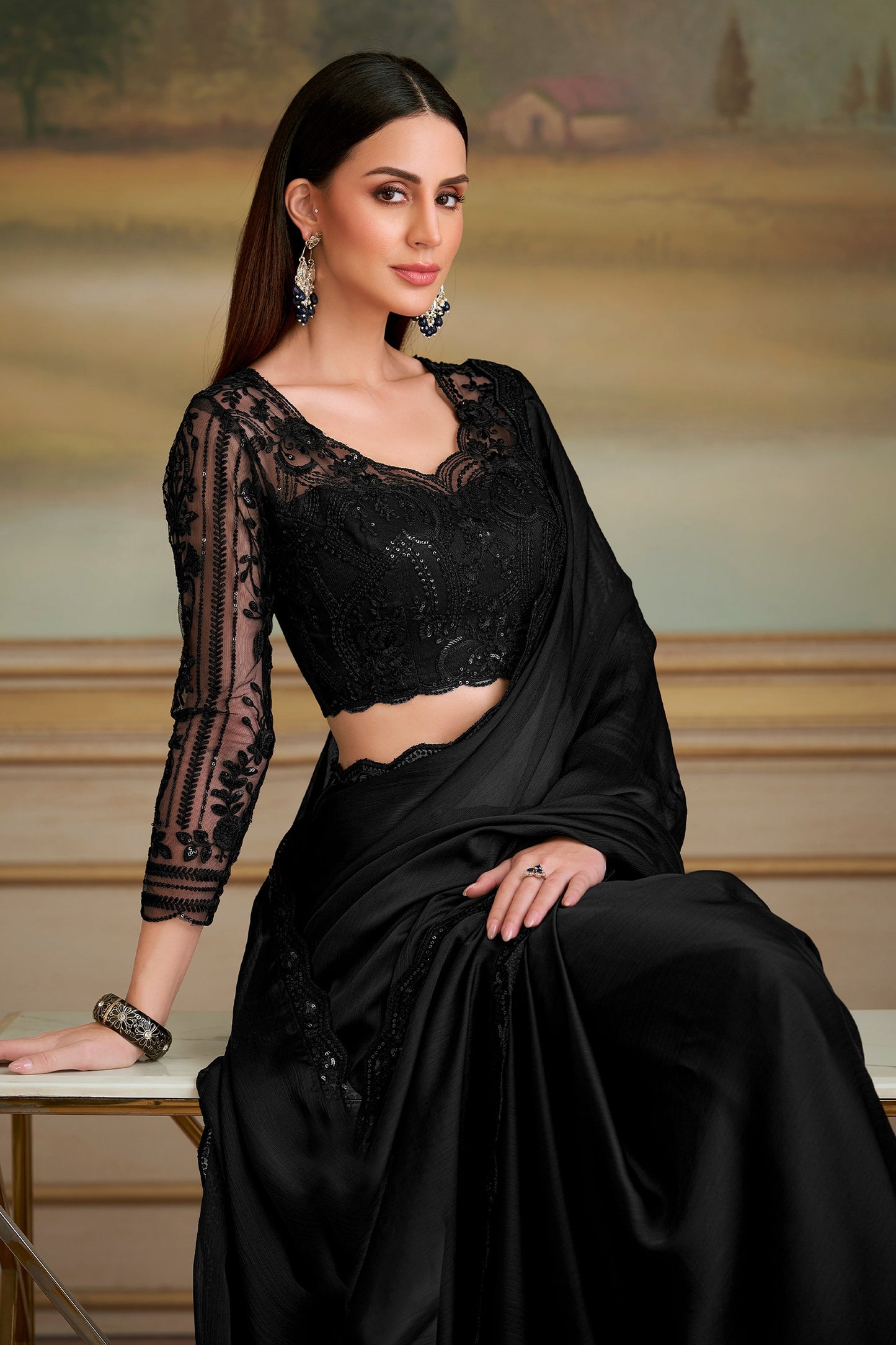 Black Embroidered Satin Chiffon Saree-SAR10841_2_SareeButa.com