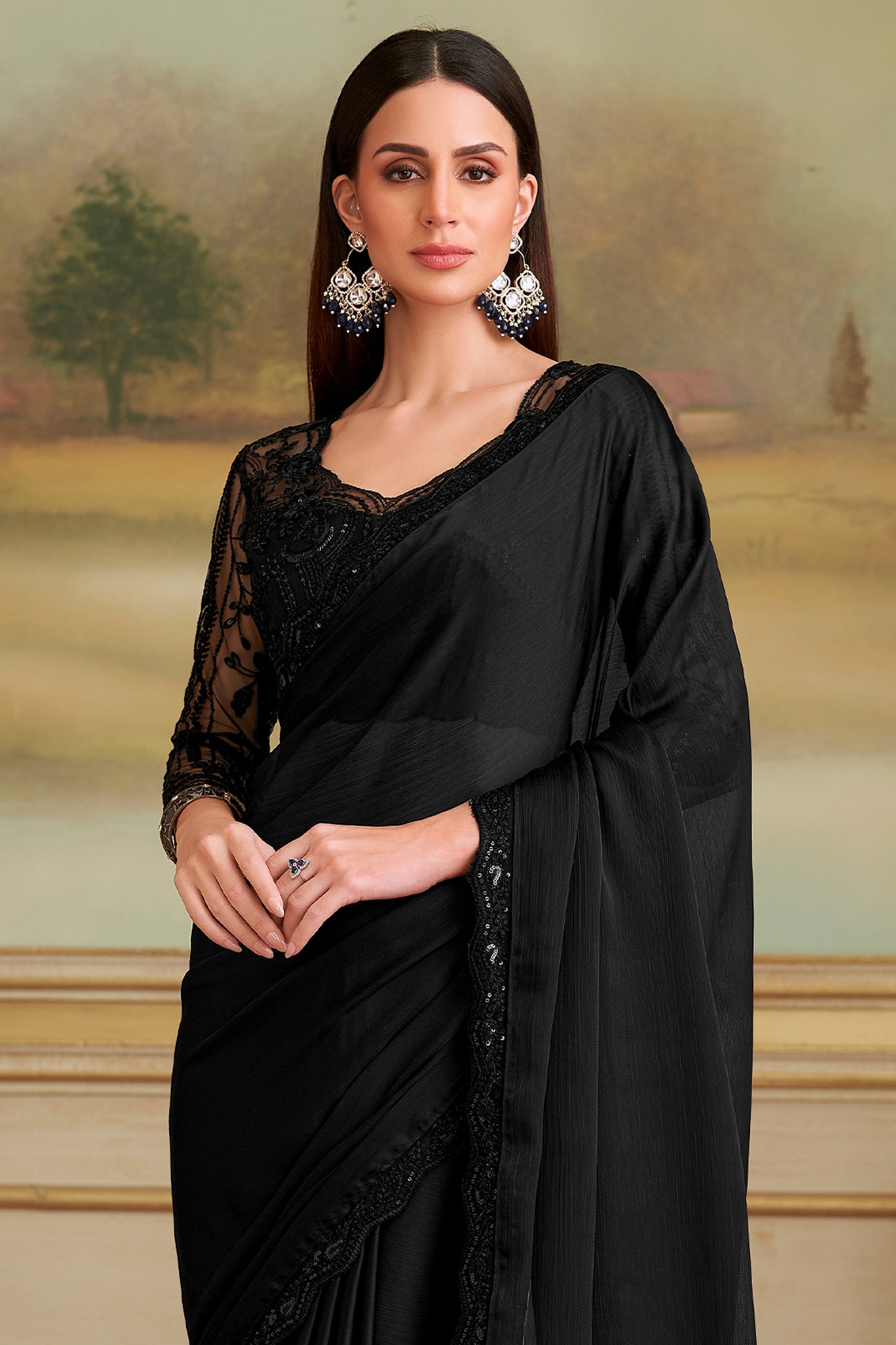 Black Embroidered Satin Chiffon Saree-SAR10841_3_SareeButa.com