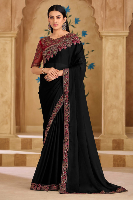 Black Embroidered Satin Chiffon Saree-SAR11706_1_SareeButa.com