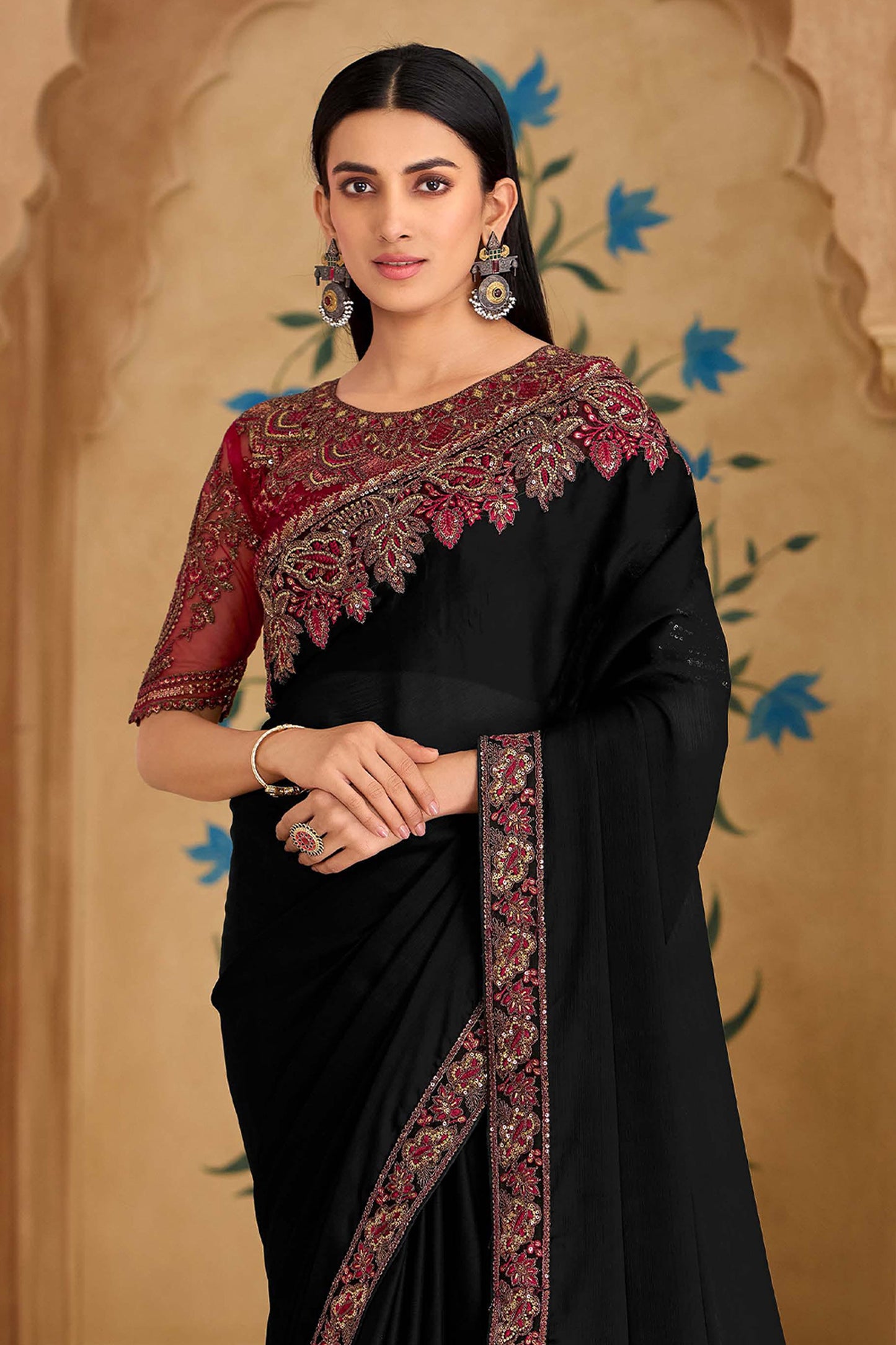 Black Embroidered Satin Chiffon Saree-SAR11706_3_SareeButa.com