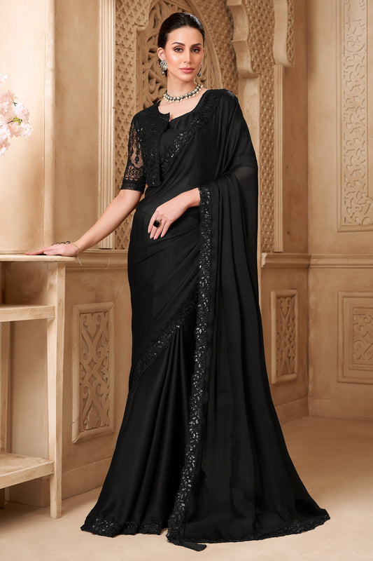 Black Embroidered Satin Georgette Saree-SAR10585_1_SareeButa.com