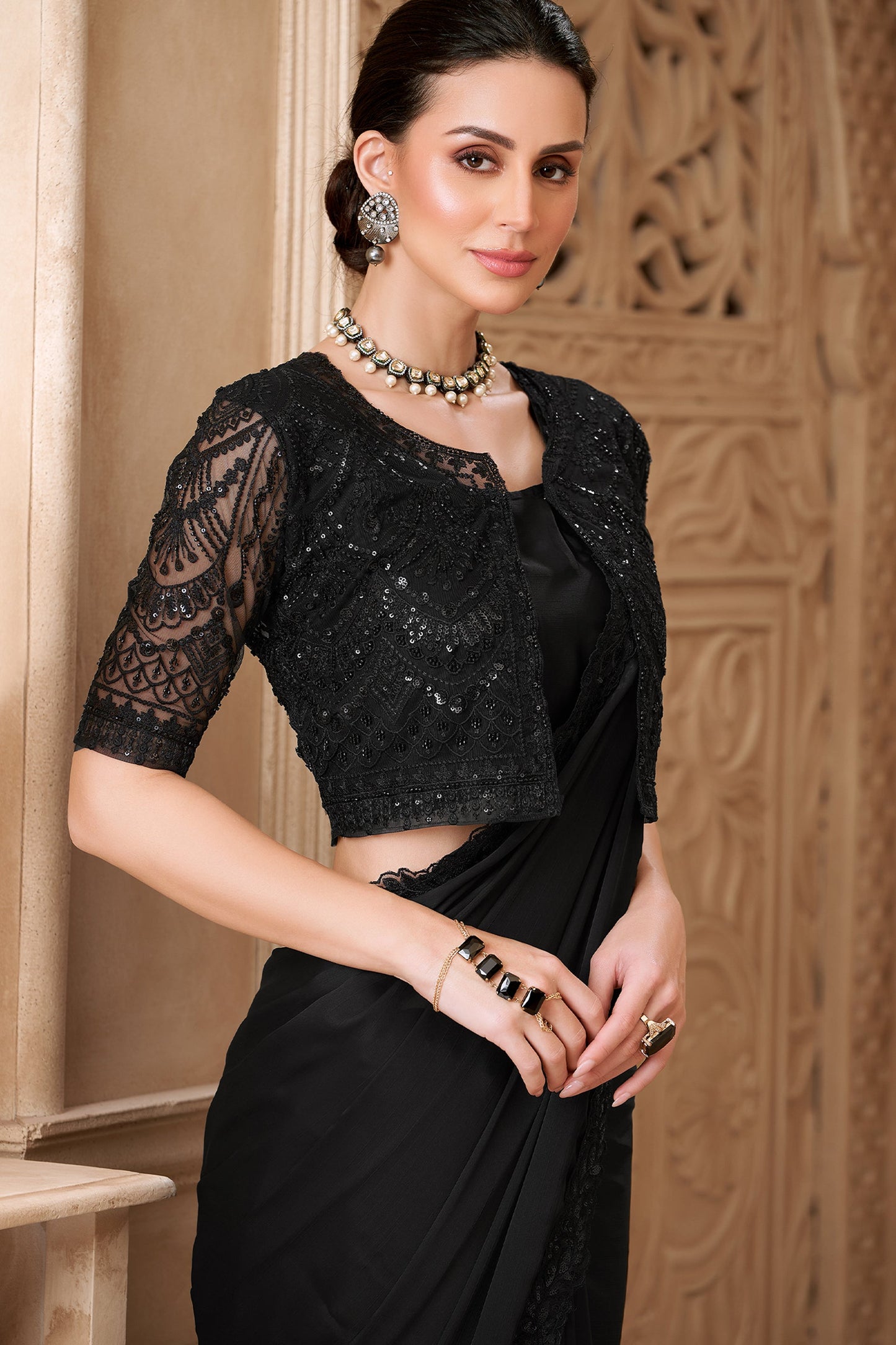 Black Embroidered Satin Georgette Saree-SAR10585_2_SareeButa.com