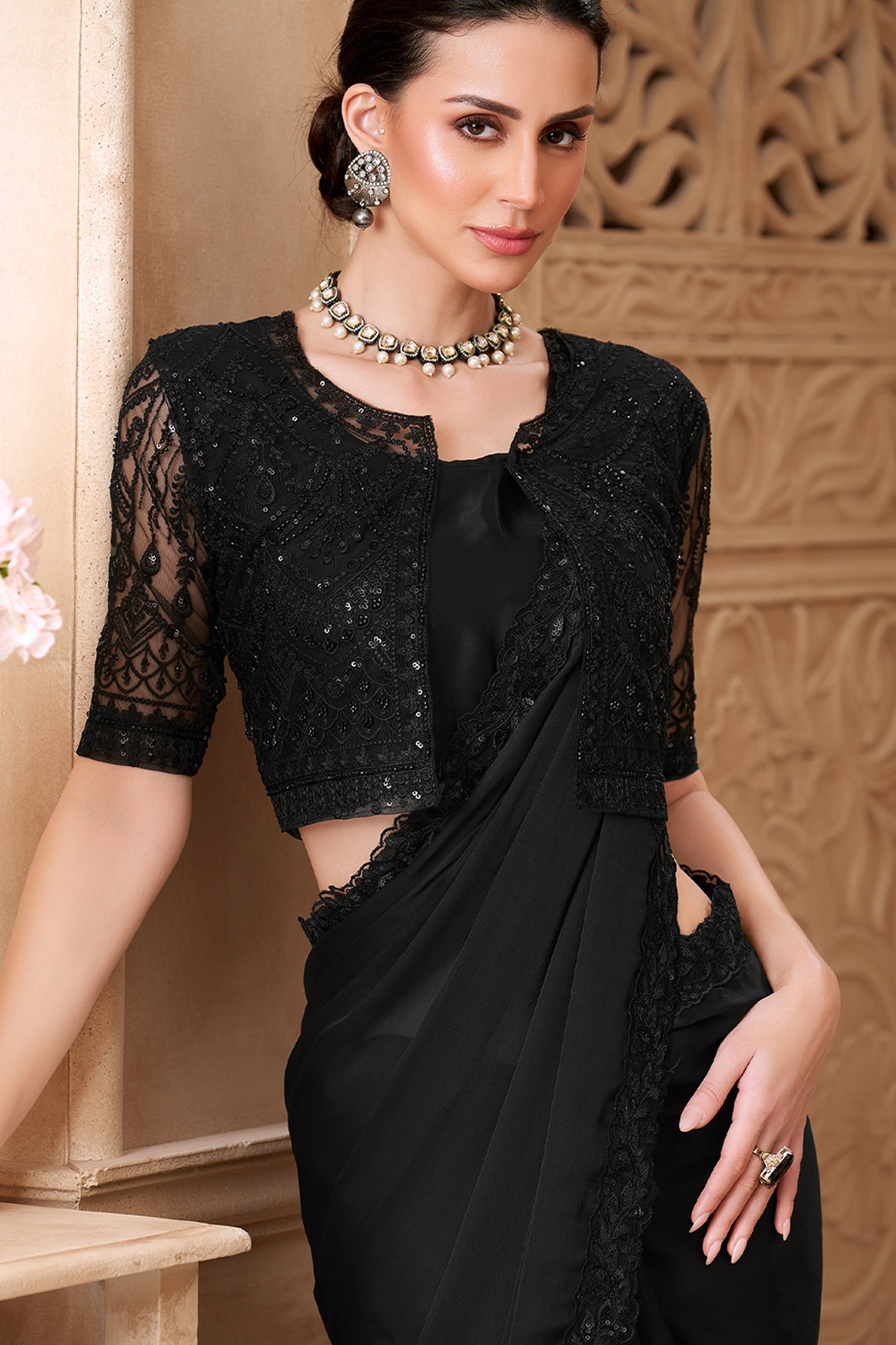 Black Embroidered Satin Georgette Saree-SAR10585_3_SareeButa.com