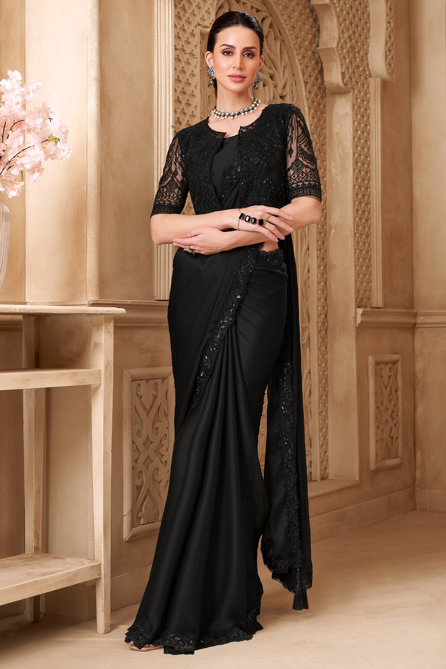 Black Embroidered Satin Georgette Saree-SAR10585_5_SareeButa.com
