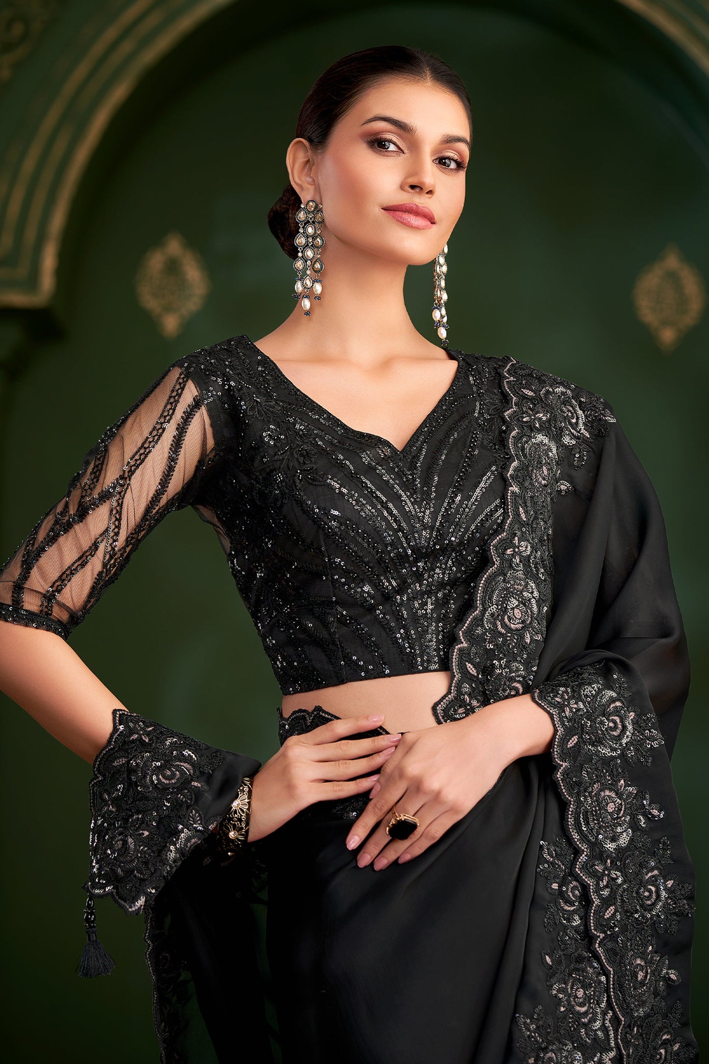 Black Embroidered Satin Georgette Saree-SAR10968_2_SareeButa.com