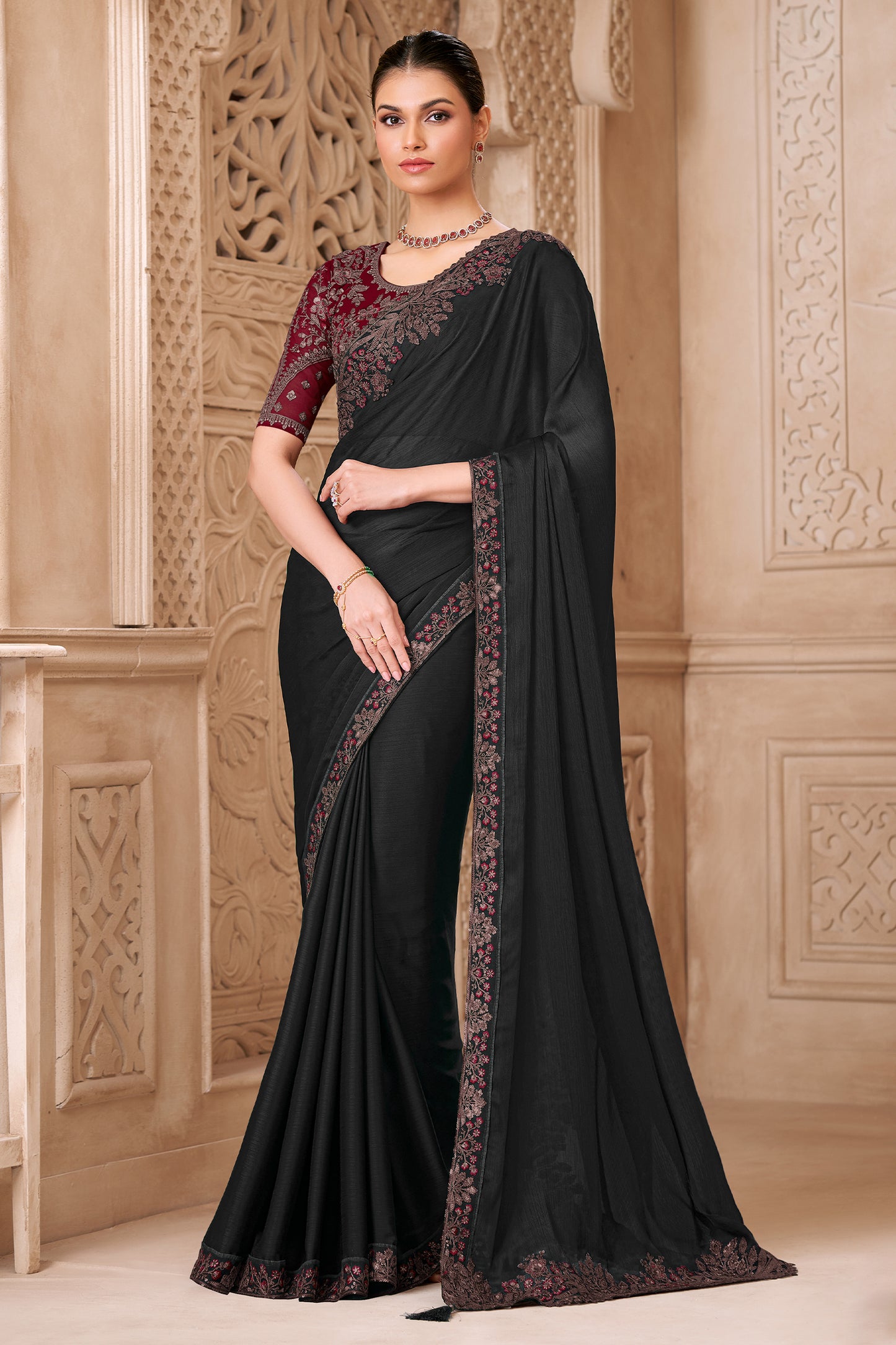 Black Embroidered Satin Georgette Saree-SAR12485_1_SareeButa.com
