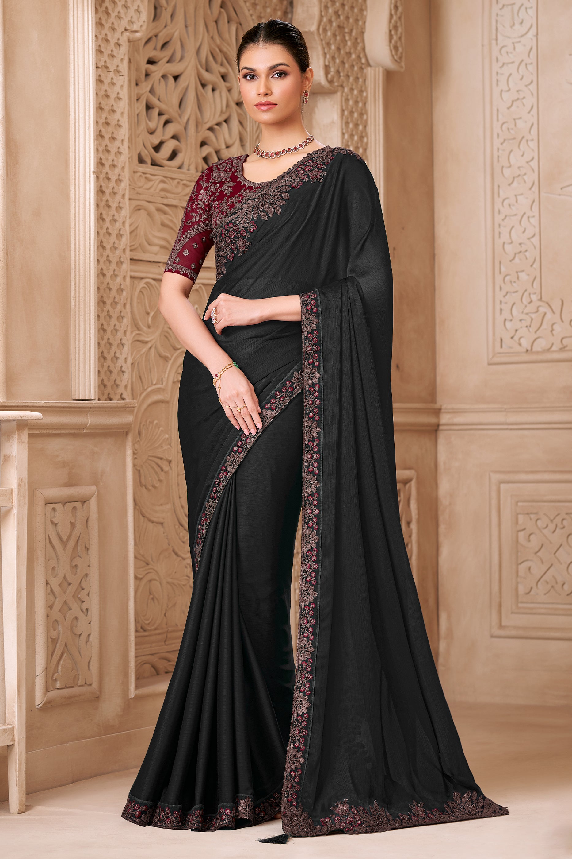 Black Embroidered Satin Georgette Saree-SAR12485_1_SareeButa.com