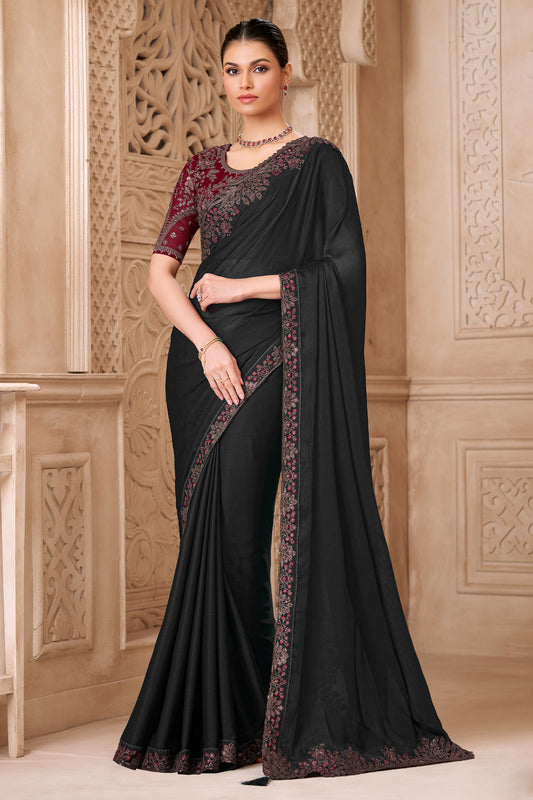 Black Embroidered Satin Georgette Saree-SAR12485_1_SareeButa.com