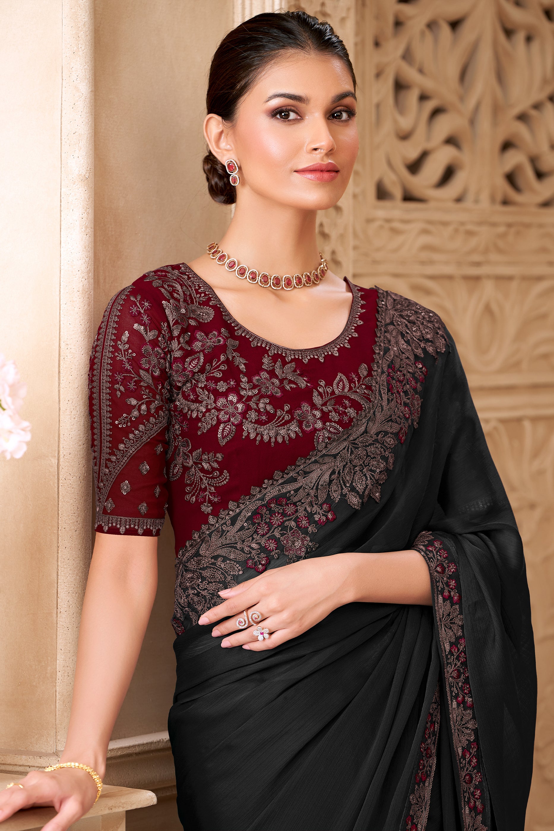 Black Embroidered Satin Georgette Saree-SAR12485_2_SareeButa.com