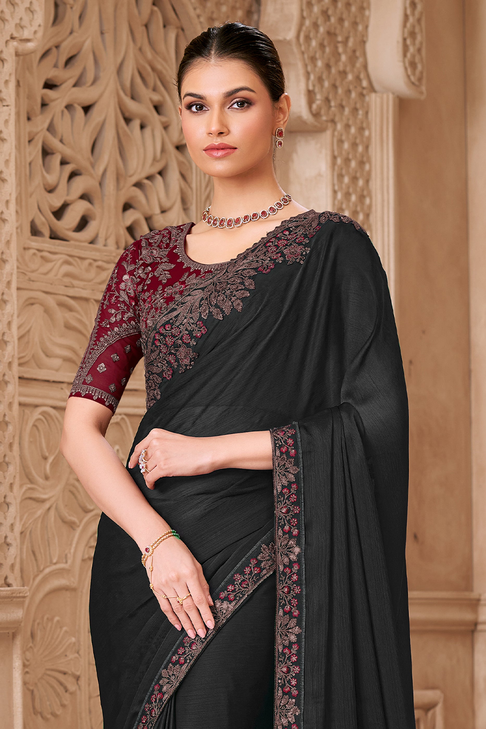 Black Embroidered Satin Georgette Saree-SAR12485_5_SareeButa.com