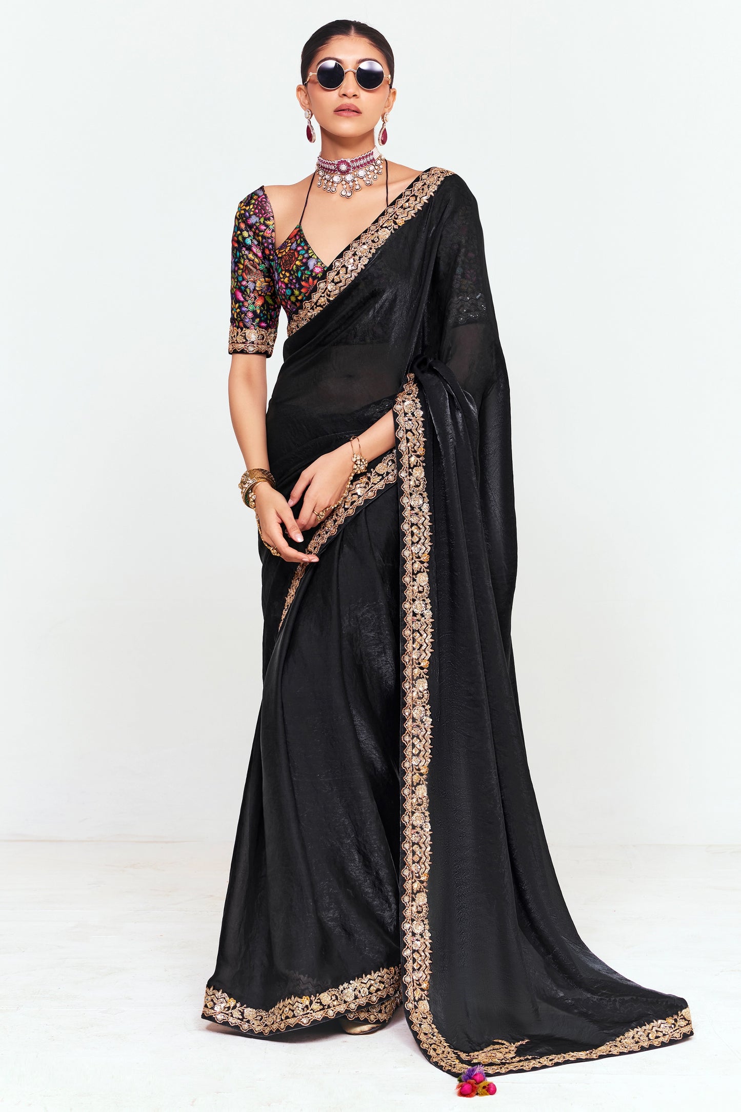 Black Embroidered Satin Organza Saree-SAR12246_1_SareeButa.com