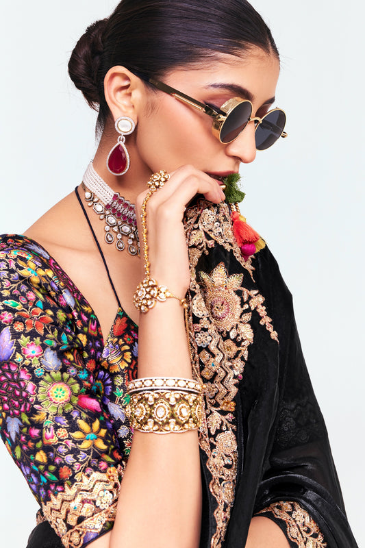 Black Embroidered Satin Organza Saree-SAR12246_2_SareeButa.com