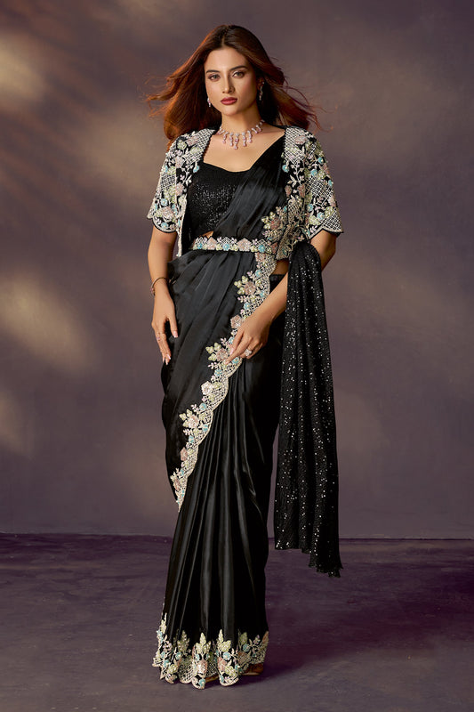 Black Embroidered Satin Readymade Saree with Stitched Blouse-SAR10857_1_SareeButa.com