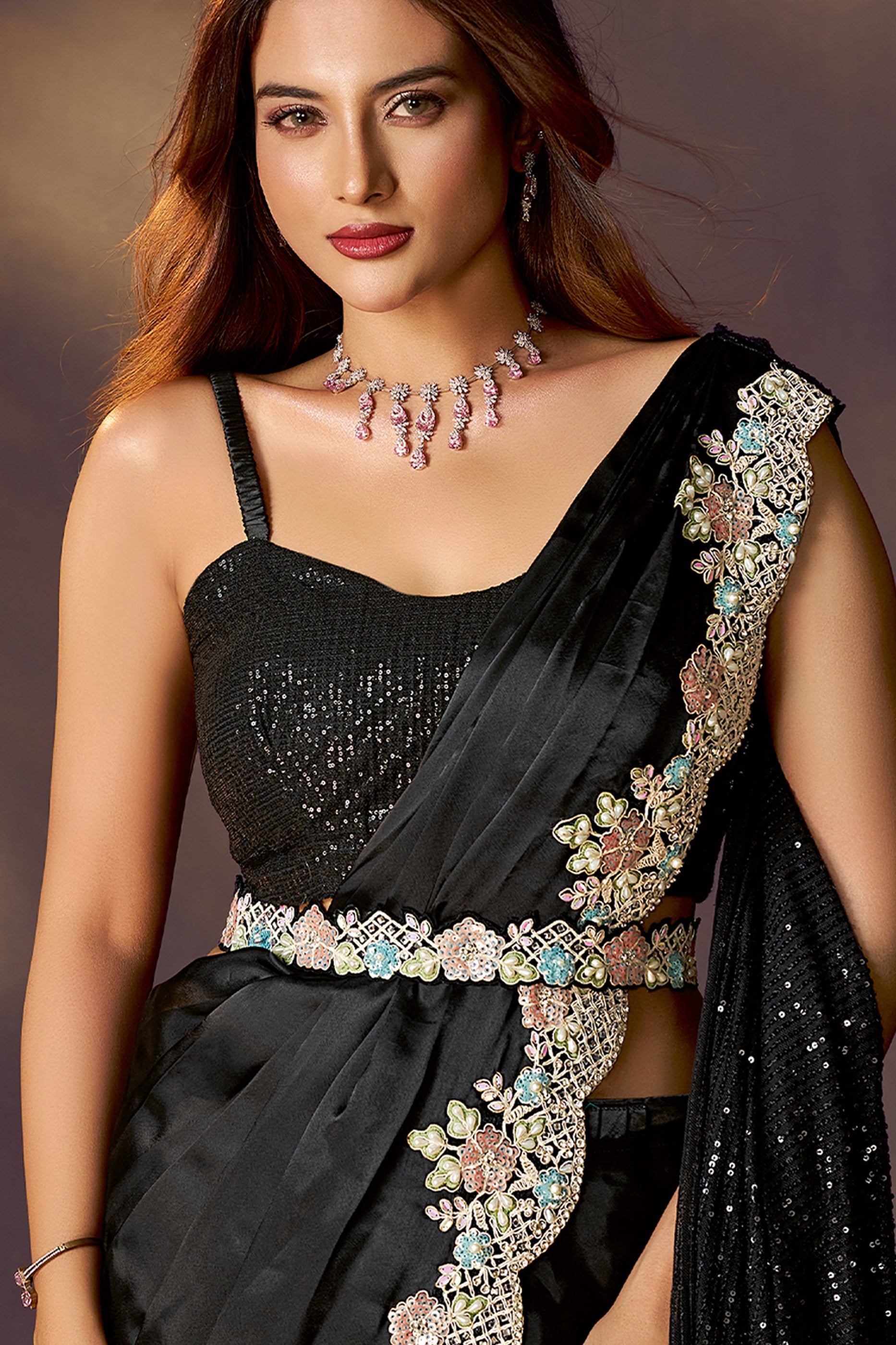 Black Embroidered Satin Readymade Saree with Stitched Blouse-SAR10857_3_SareeButa.com