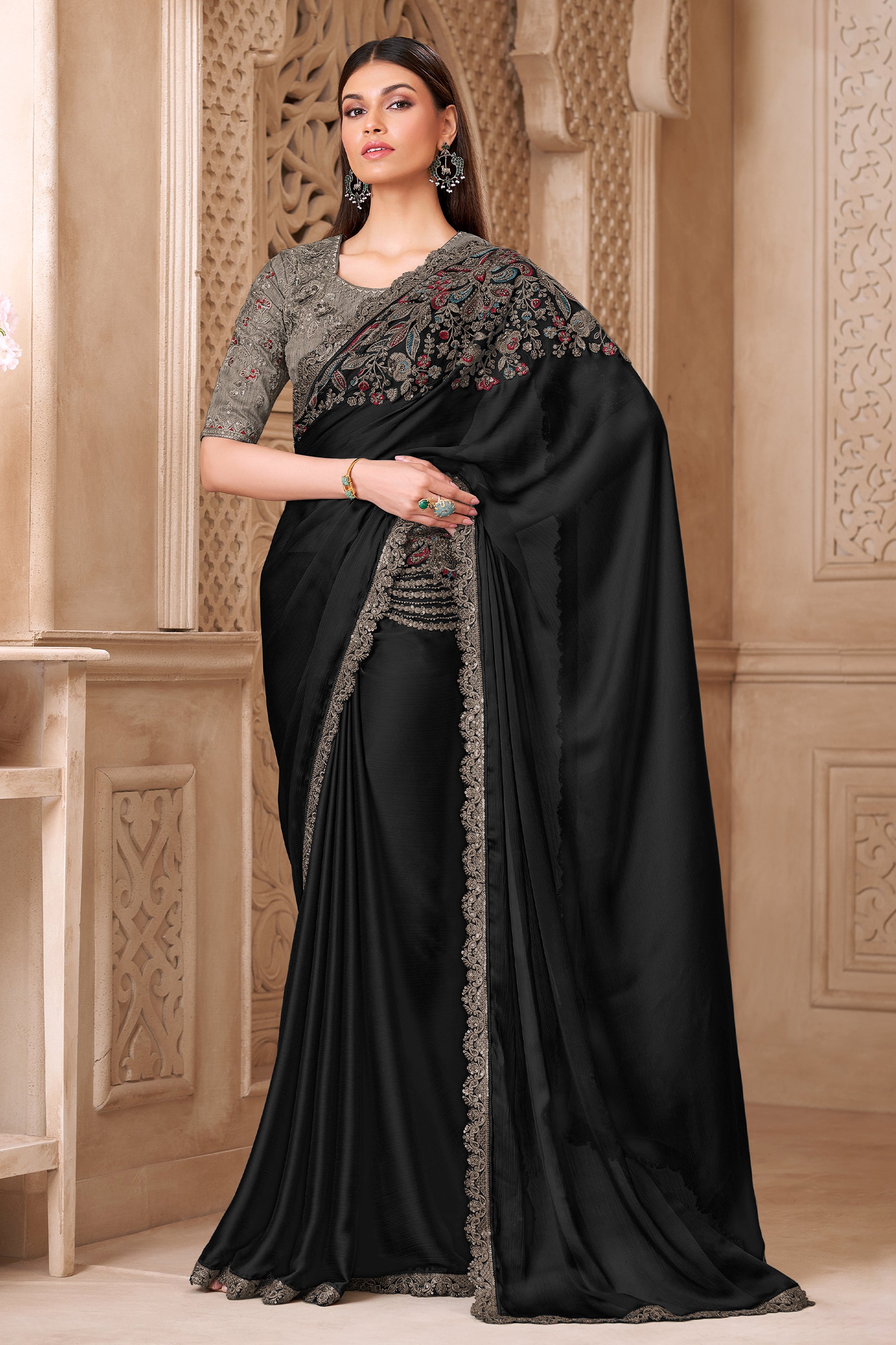 Black Embroidered Satin Silk Saree-SAR12456_1_SareeButa.com