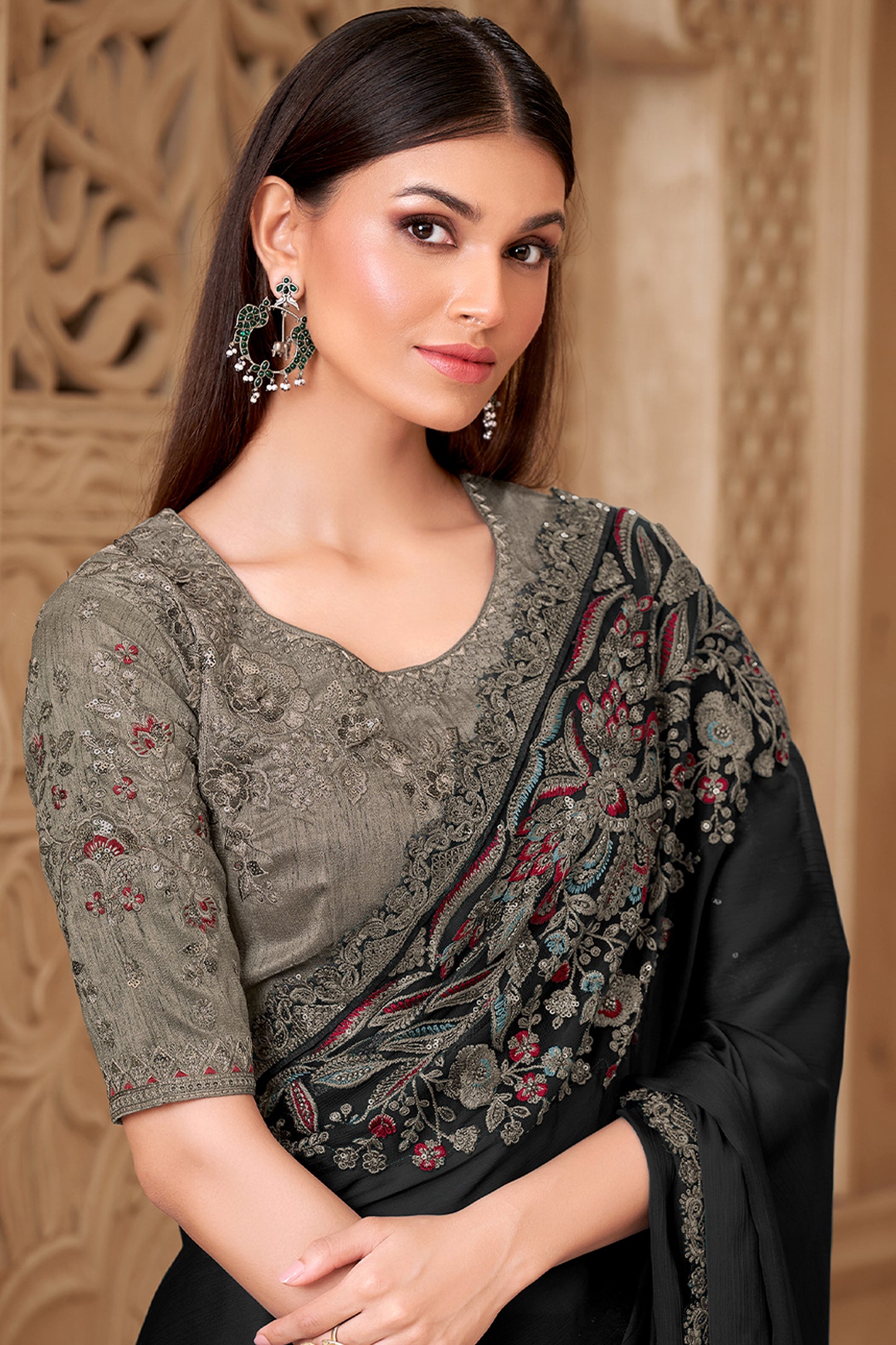 Black Embroidered Satin Silk Saree-SAR12456_2_SareeButa.com