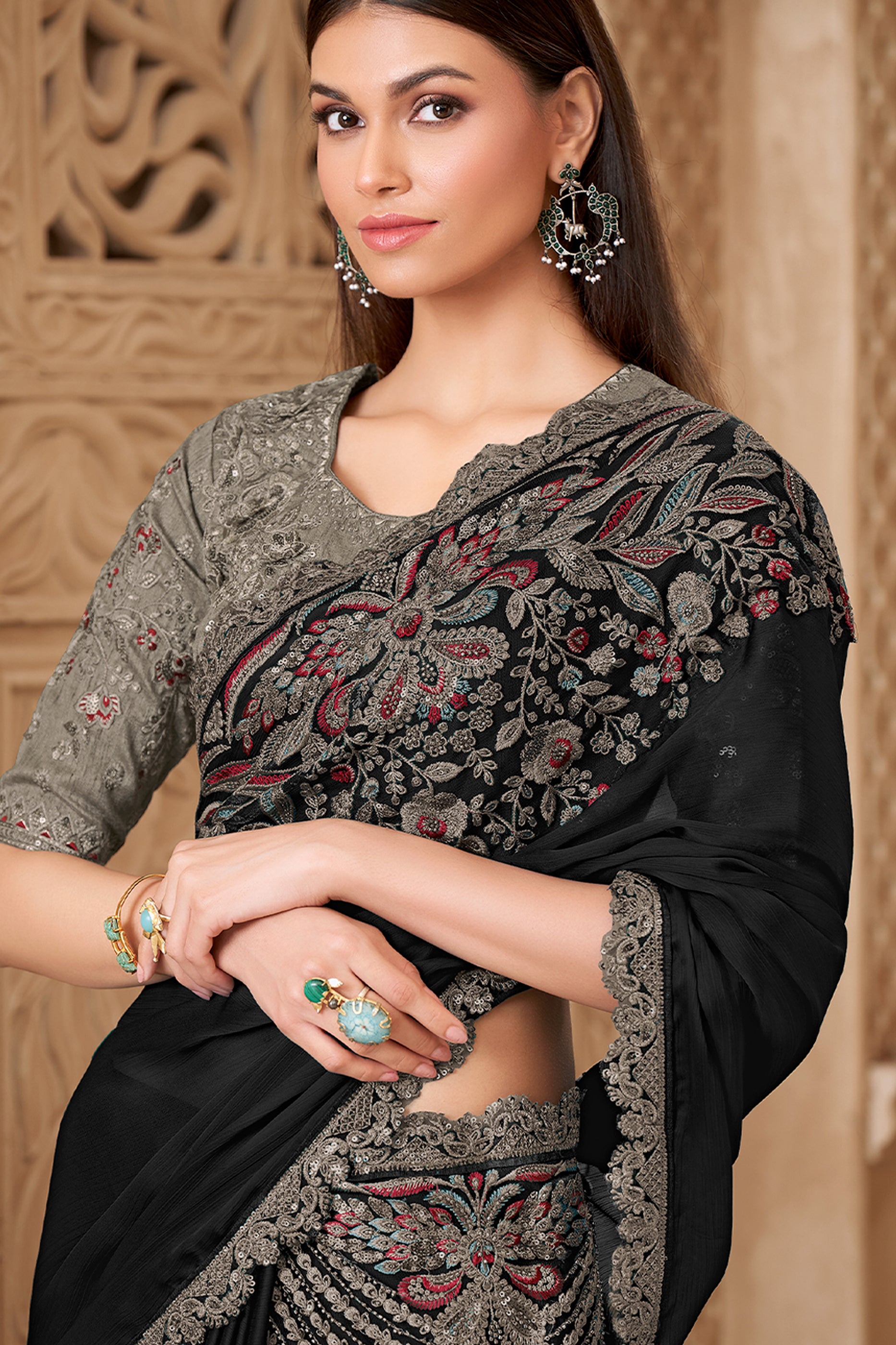 Black Embroidered Satin Silk Saree-SAR12456_3_SareeButa.com
