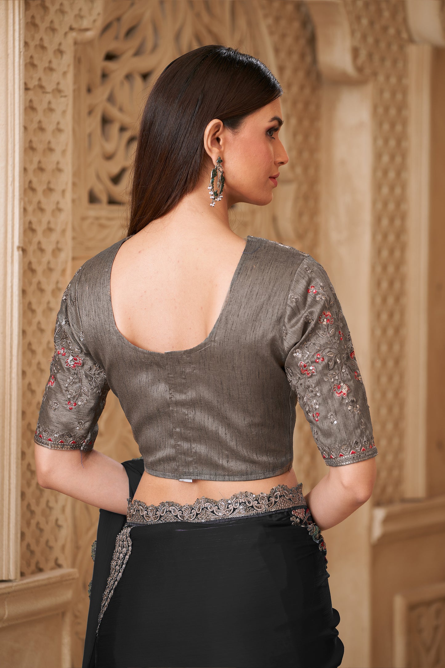 Black Embroidered Satin Silk Saree-SAR12456_5_SareeButa.com