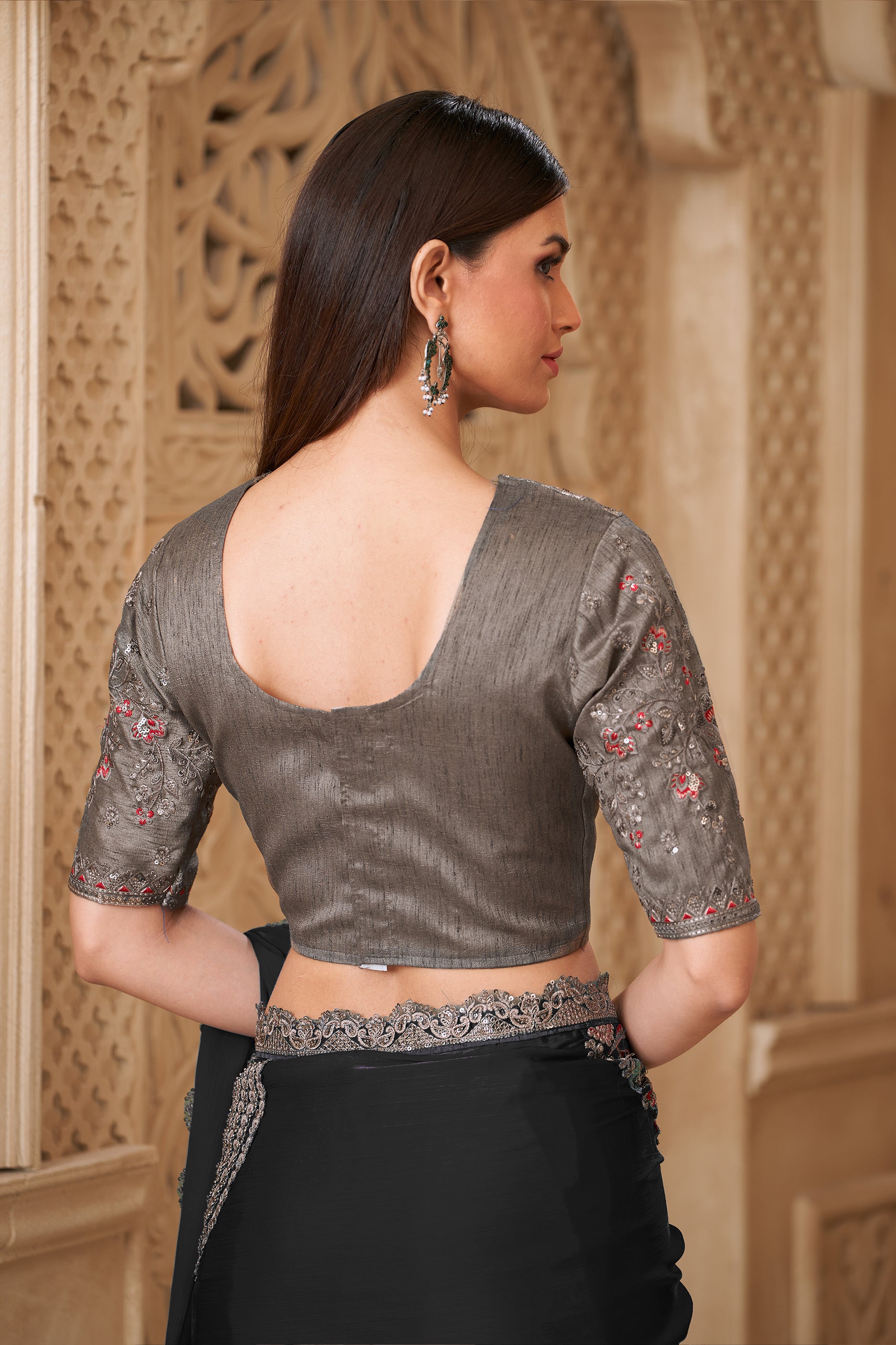 Black Embroidered Satin Silk Saree-SAR12456_5_SareeButa.com