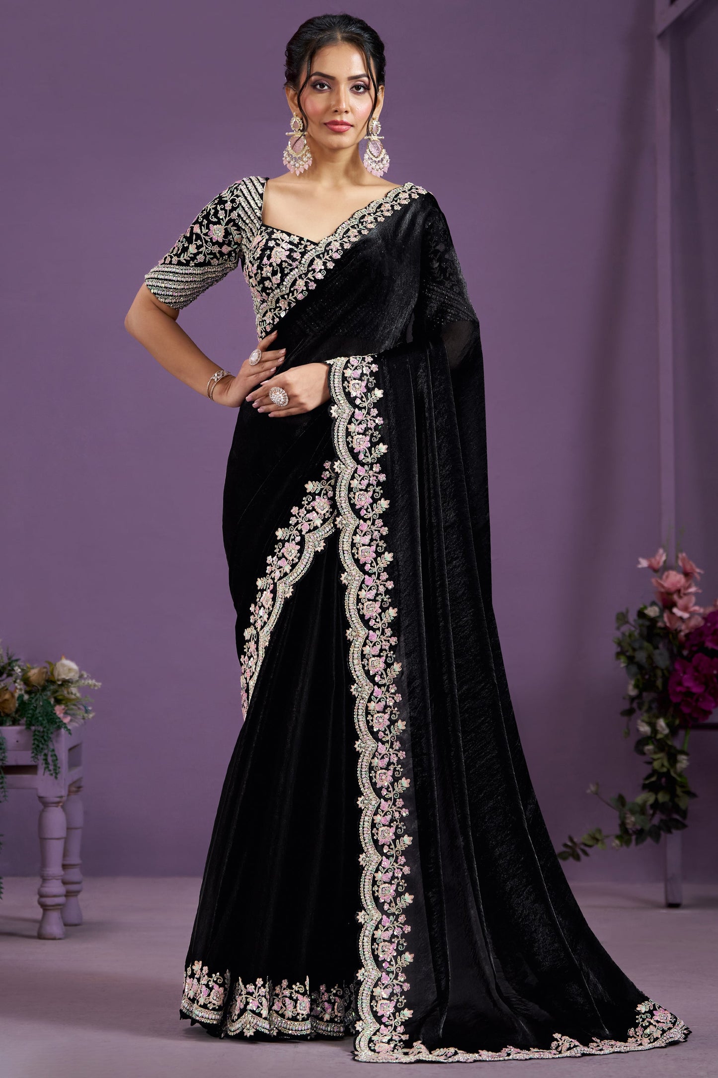 Black Embroidered Satin Silk Saree-ZB133350_1_SareeButa.com