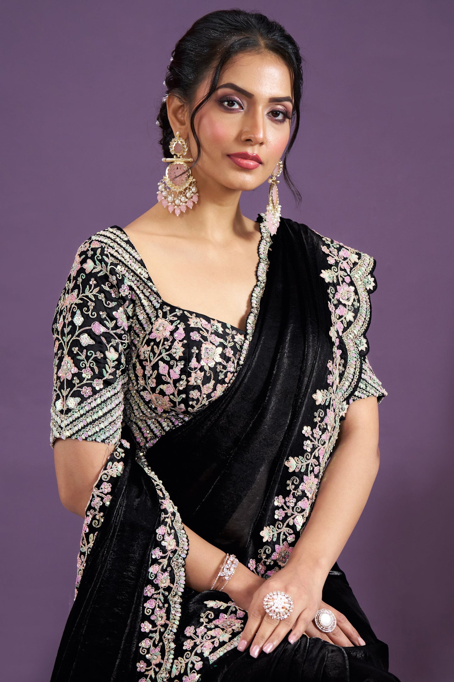 Black Embroidered Satin Silk Saree-ZB133350_2_SareeButa.com