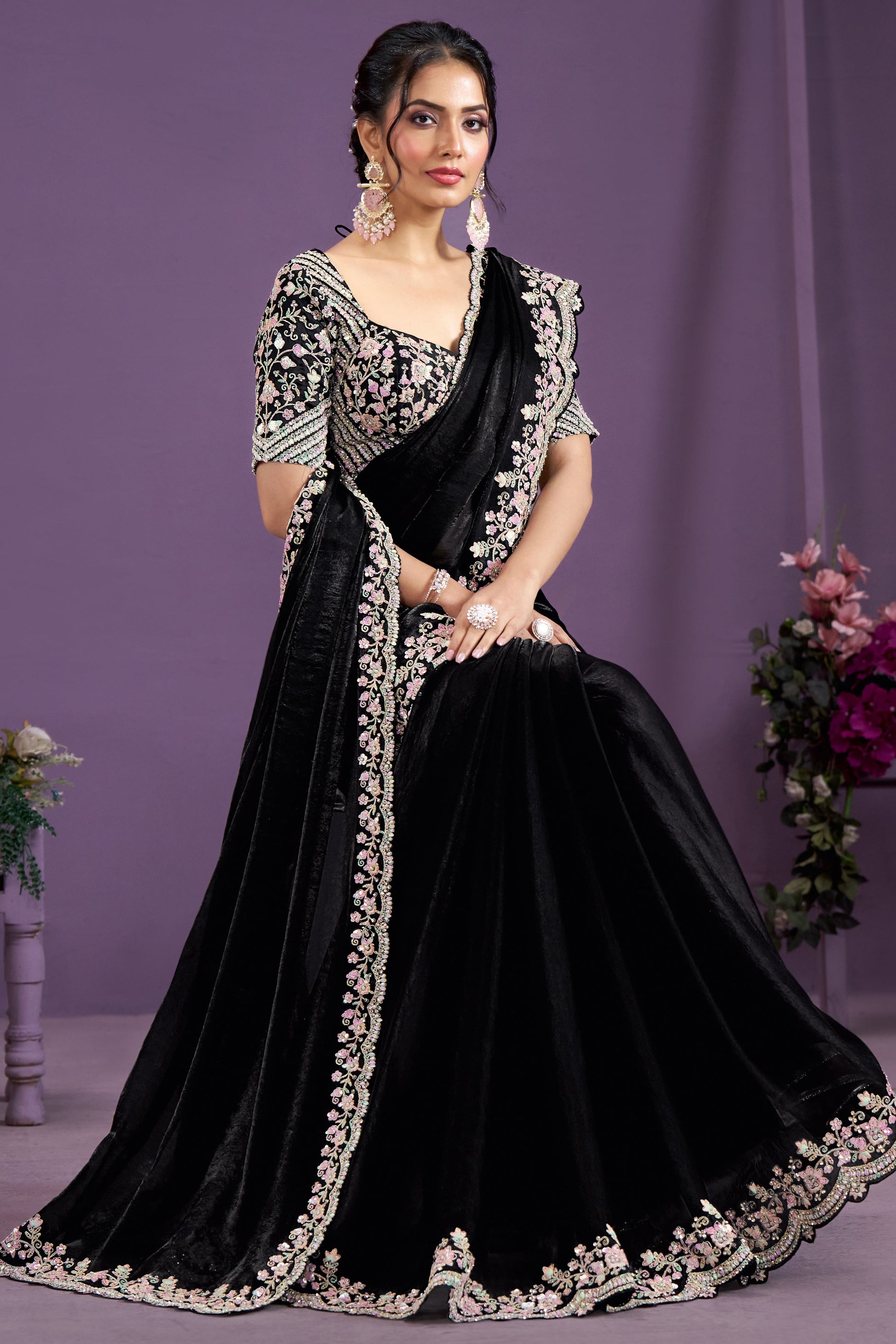 Black Embroidered Satin Silk Saree-ZB133350_3_SareeButa.com