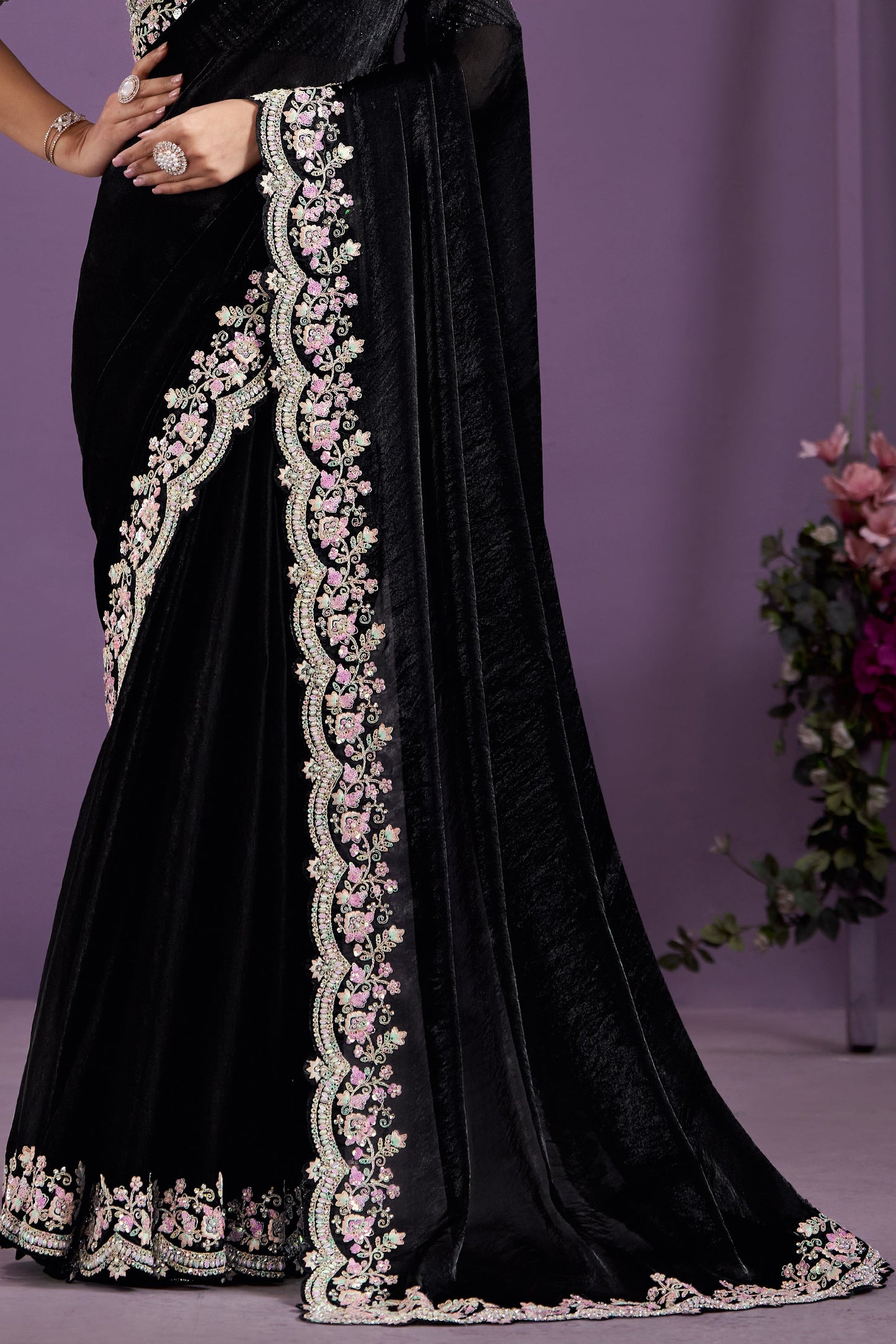 Black Embroidered Satin Silk Saree-ZB133350_4_SareeButa.com