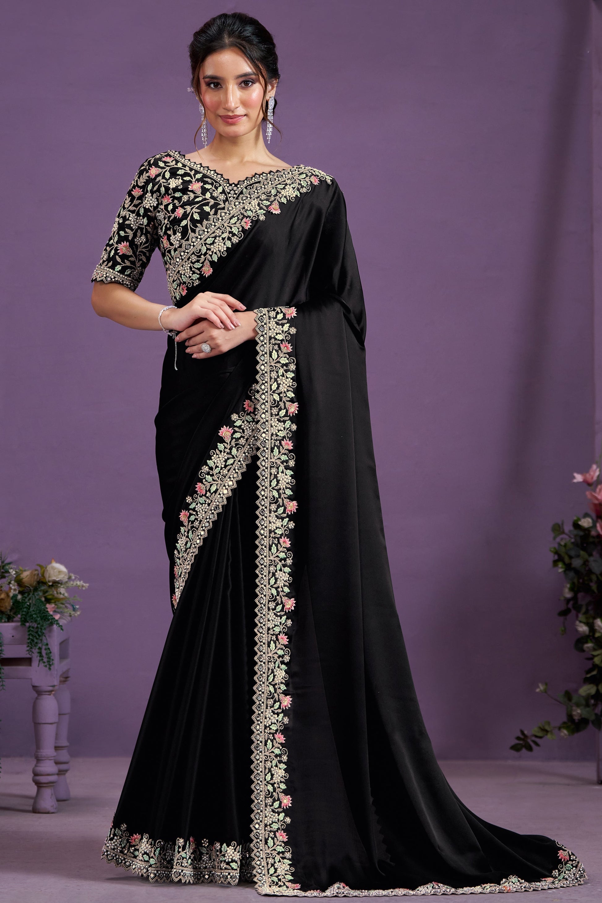 Black Embroidered Satin Silk Saree-ZB133353_1_SareeButa.com