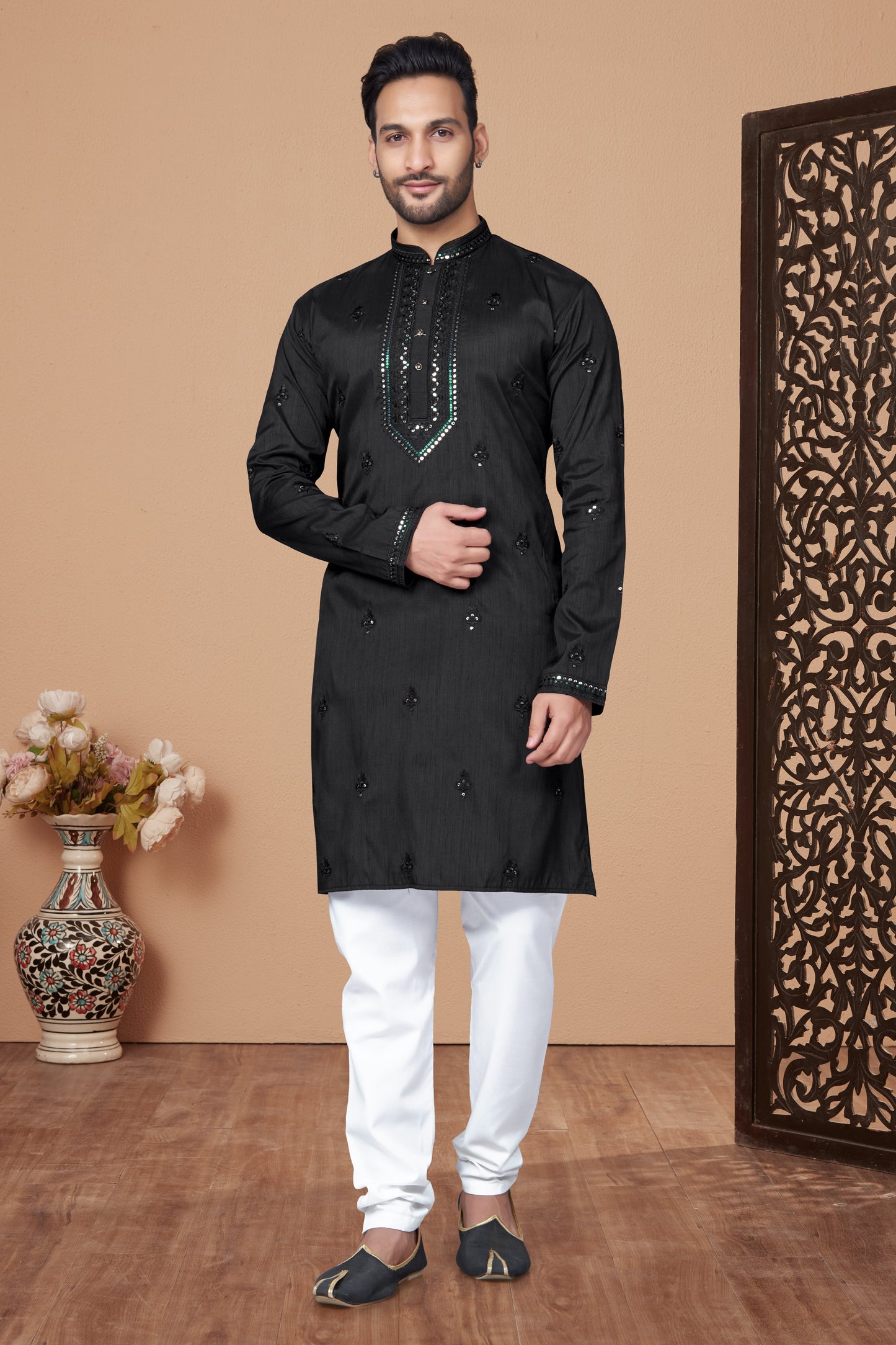 Black Embroidered Silk Kurta Pajama-MW11_1_SareeButa.com