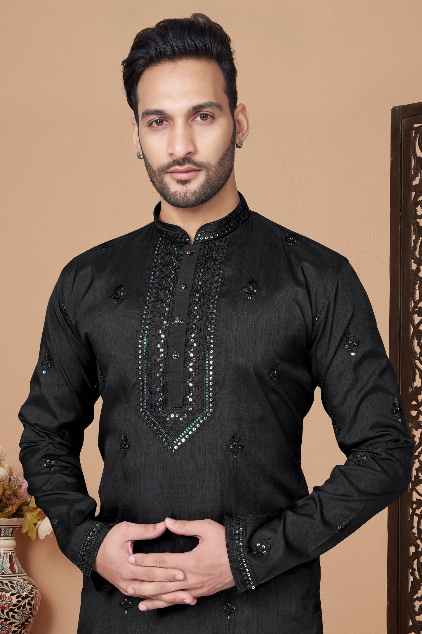 Black Embroidered Silk Kurta Pajama-MW11_2_SareeButa.com