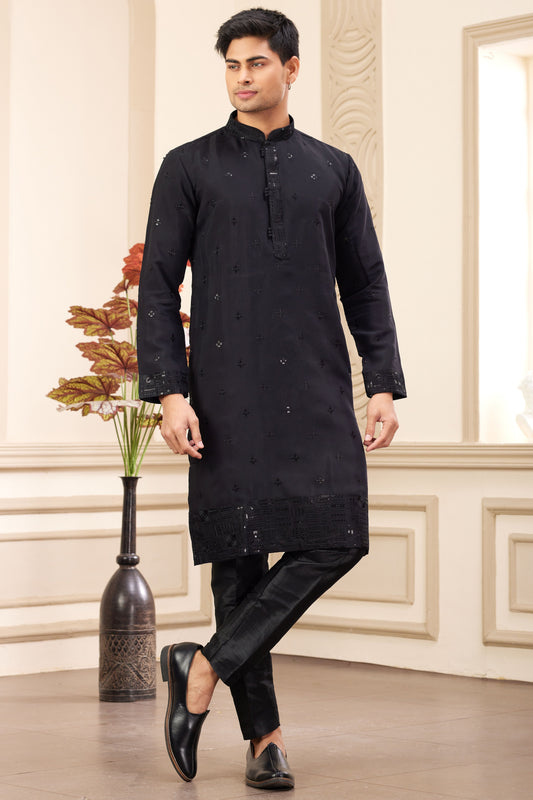 Black Embroidered Silk Kurta Pajama-MW19_1_SareeButa.com