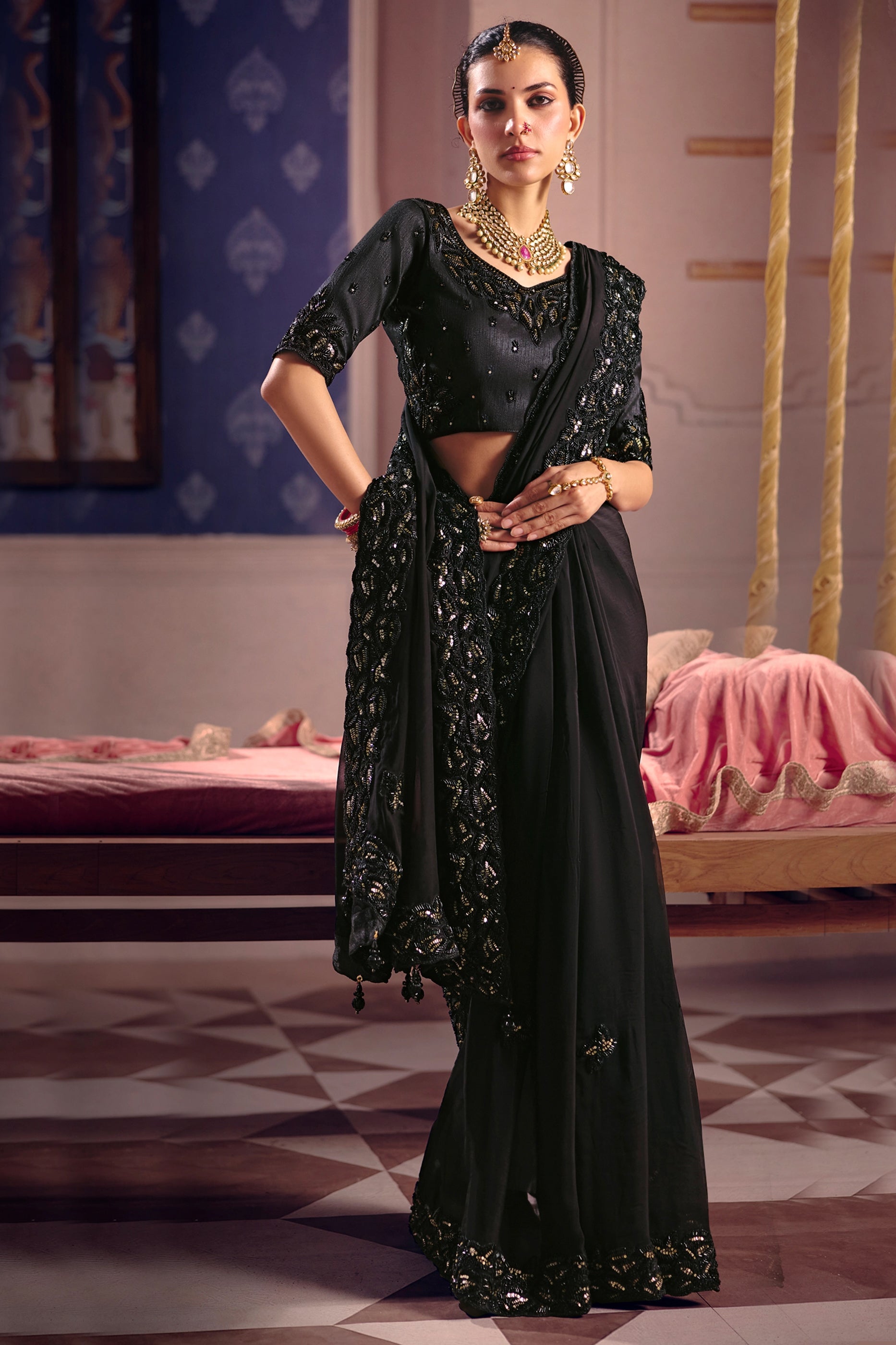 Black Embroidered Viscose Zari Tissue Saree-SAR12594_5_SareeButa.com