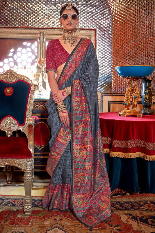 Black & Grey Printed Silk Saree-ZB133641_1_SareeButa.com