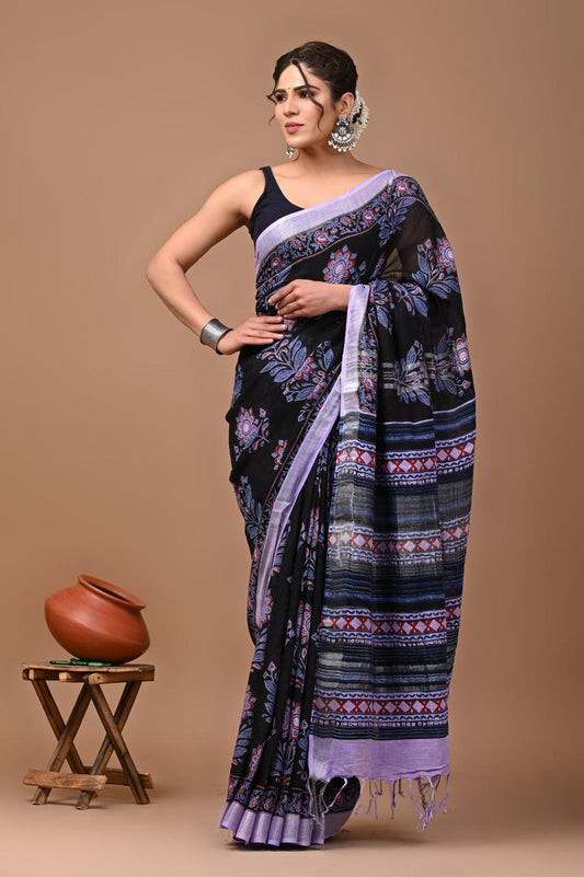 black-handblock-print-cotton-linen-saree-zb132557_1_SareeButa.com