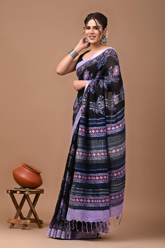 black-handblock-print-cotton-linen-saree-zb132557_2_SareeButa.com