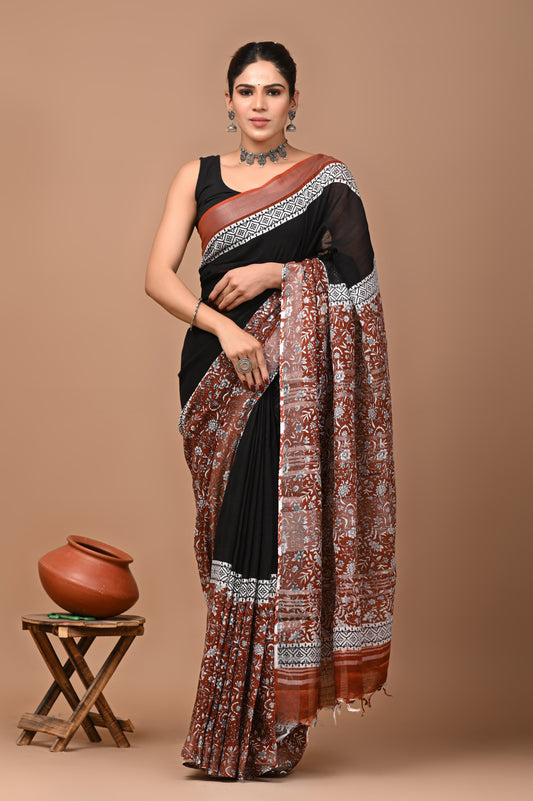 black-handblock-print-cotton-linen-saree-zb132583_1_SareeButa.com