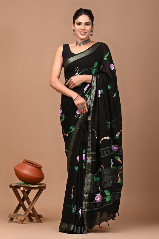 black-handblock-print-cotton-linen-saree-zb132603_1_SareeButa.com