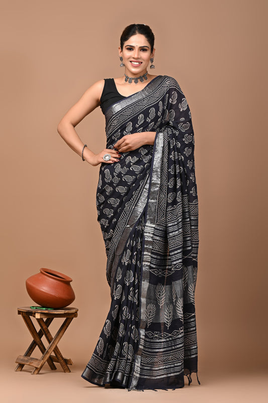 black-handblock-print-cotton-linen-saree-zb132604_1_SareeButa.com